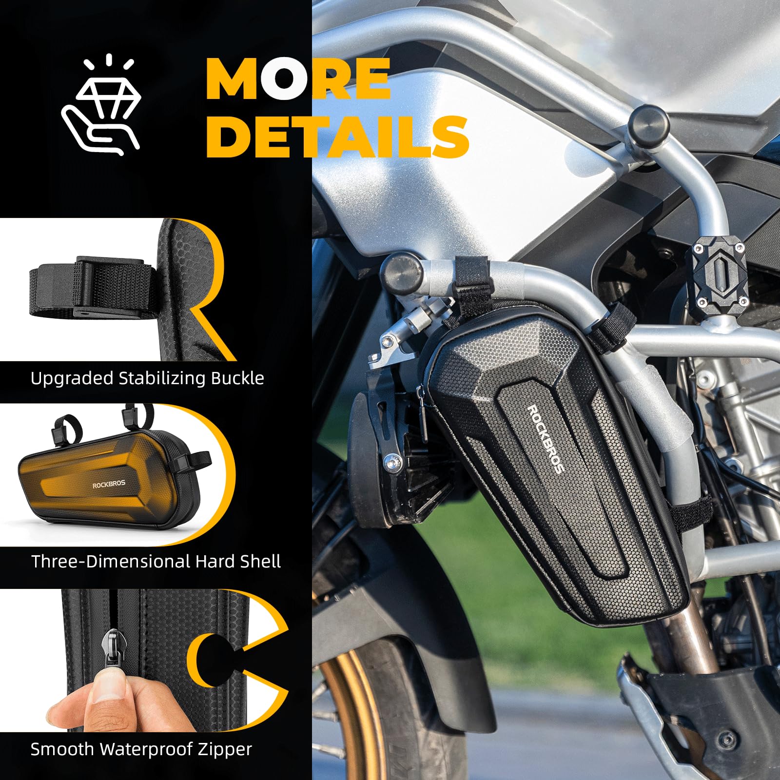 ROCKBROS Sacoche Moto Étanche Latérale en EVA Robuste, Cavalière pour Cadre, Antichoc Stable env. 1,5 L pour Plupart des Motos