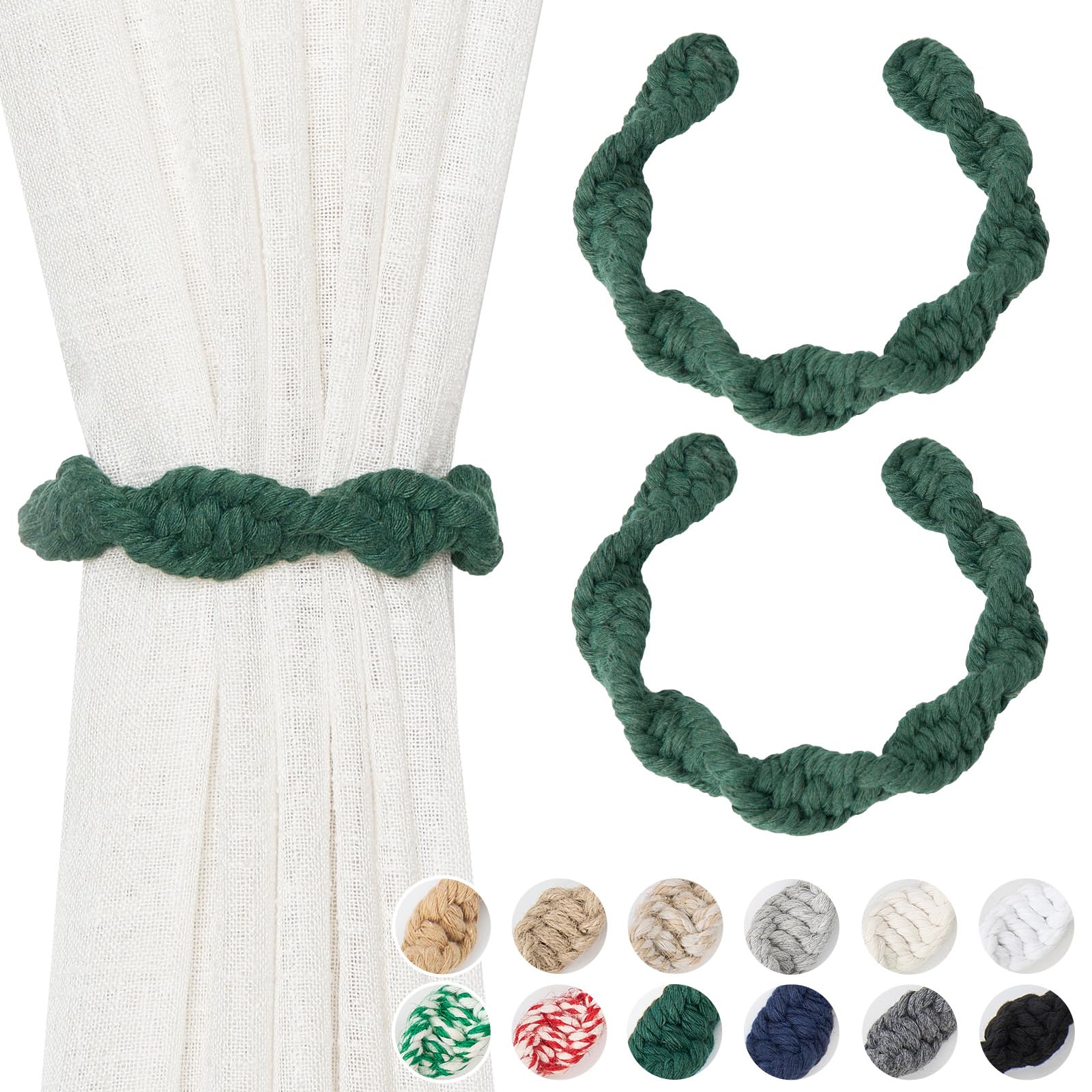 Pretty Jolly 2 Pack Natural Cotton Rope Curtain Tiebacks Farmhouse Rustic Style Decorative Drape Tie Backs Spiral Braided Curtain Holdbacks for Home & Office Sheer/Light Weight Drapery (C-Dark Green)