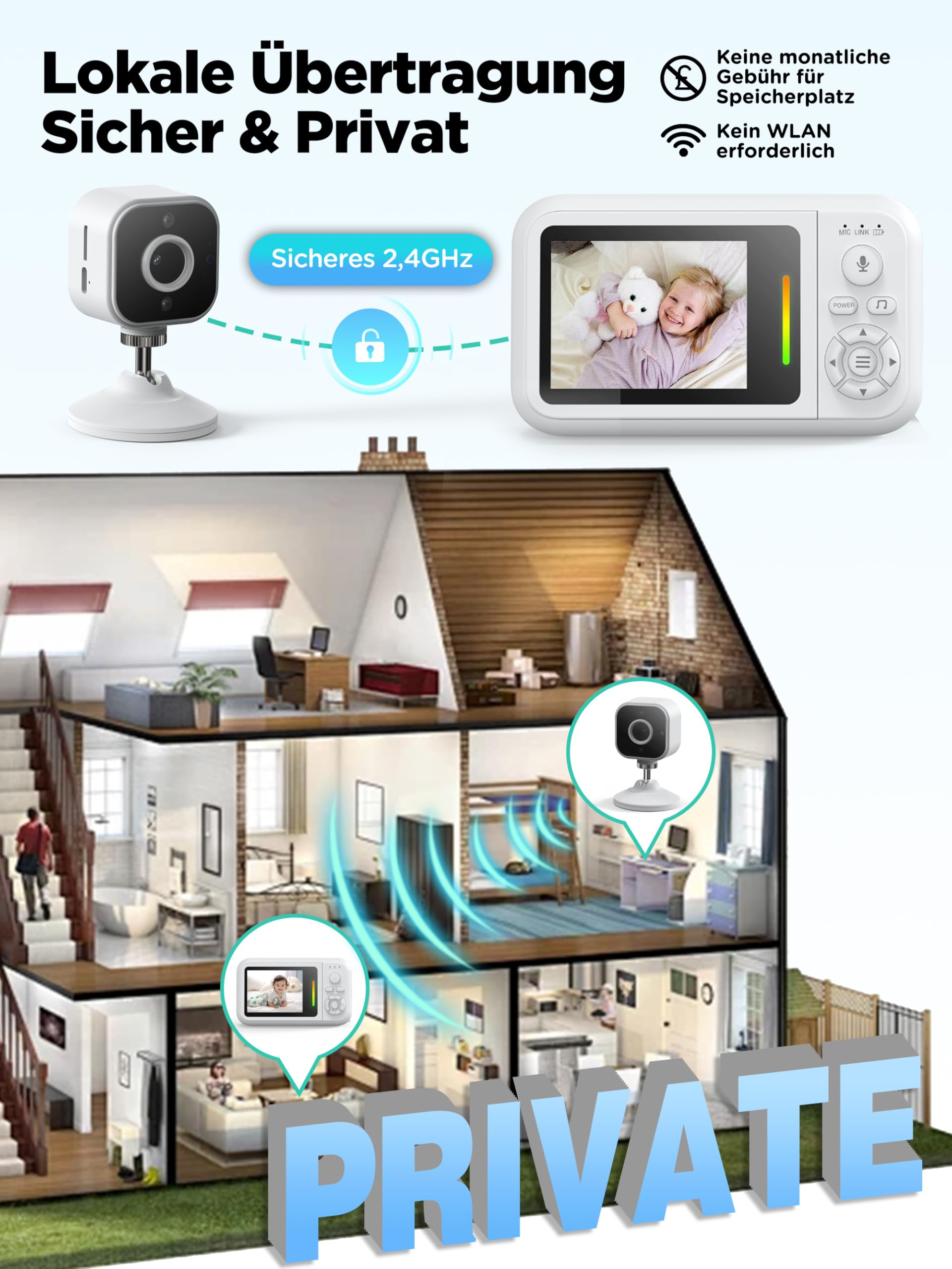 NUOTUN Babyphone mit Kamera Ohne WLAN, Tragbares Baby Kamera Monitor mit Halterung & Bettclip, Zwei-Wege-Audio, Sichere 2,4GHz, Nachtsicht, VOX-Modus, Temperatursensor, 4X Zoom, Timer, Schlaflieder