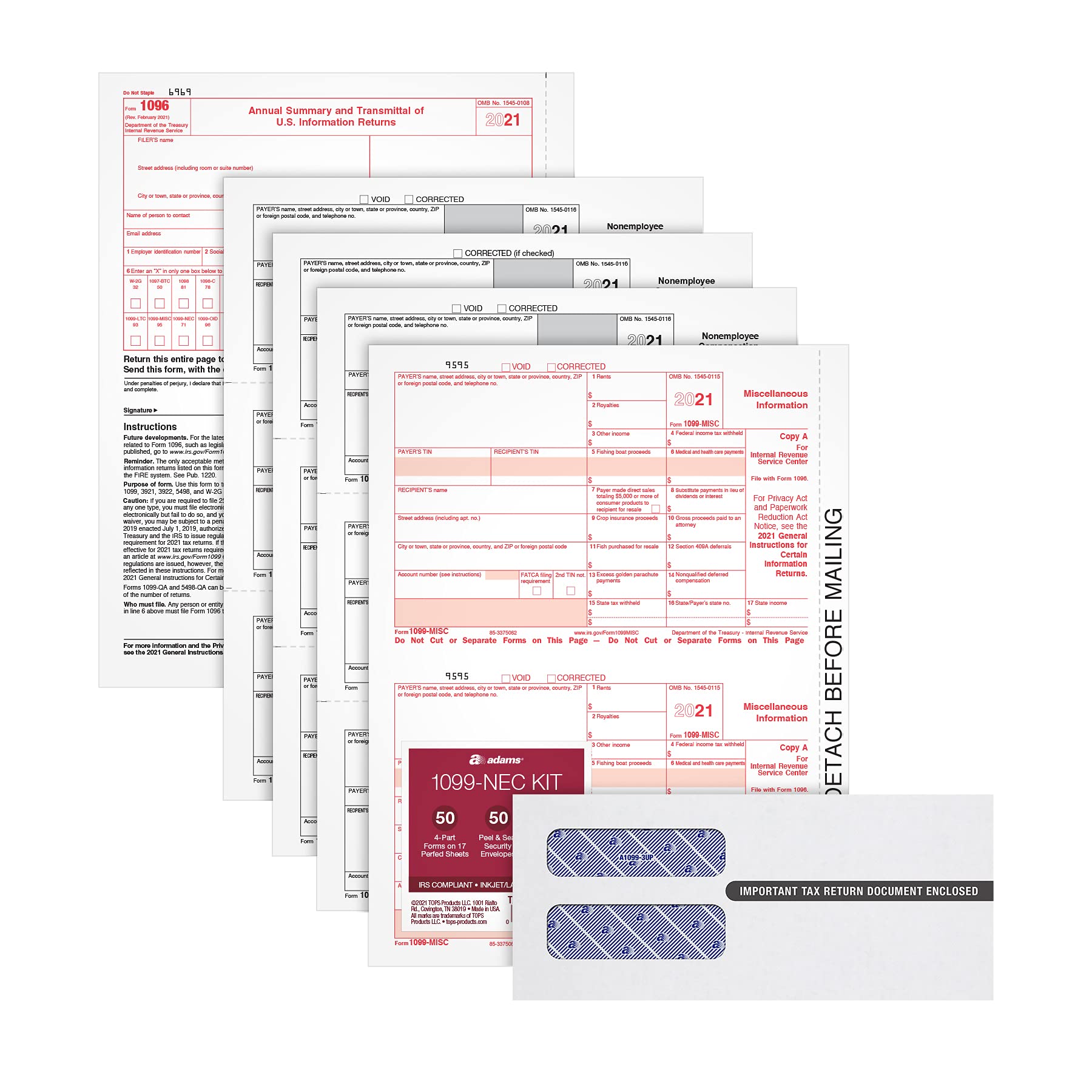 Amazon.com : Adams 1099 NEC 3 Up Forms 2021, 4 Part Laser/Inkjet 1099 Forms  with Self Seal Envelopes, for 50 Recipients, Includes 3 1096 Forms  (TXA225504-NEC21) : Office Products