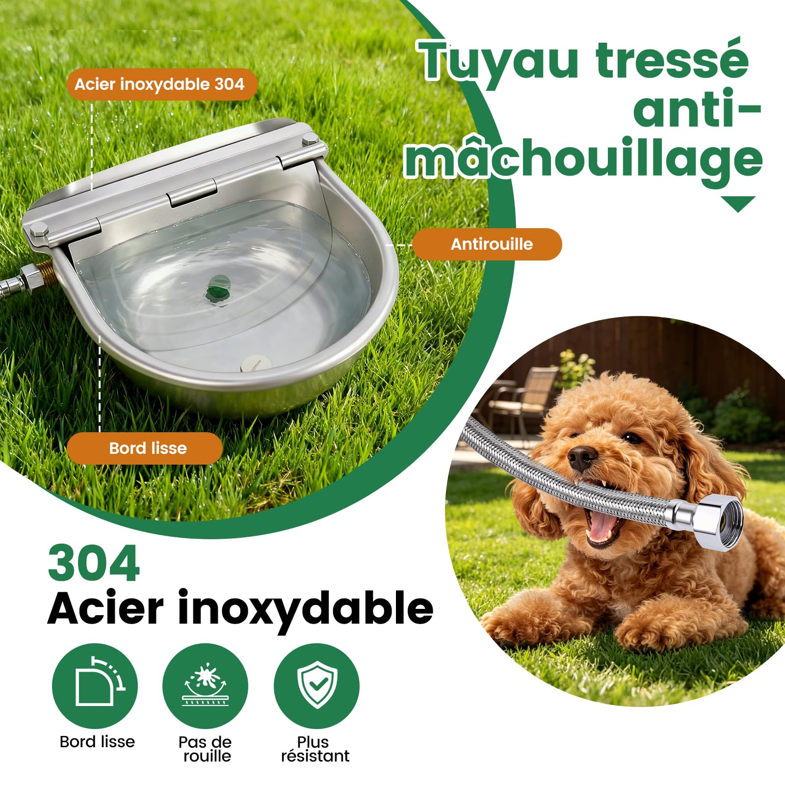 Abreuvoir Automatique en Acier Inoxydable 4L, Abreuvoir pour Chevaux et Bovins avec Vanne Flottante en Laiton et Trou de Vidange, Adapté aux Chevaux, Bovins, Chèvres, Moutons et Chiens