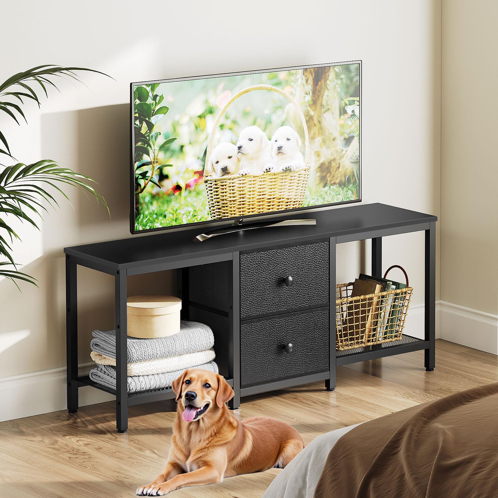 YATINEY TV-Schrank für Fernseher bis zu 55 Zoll, Fernsehtisch, TV-Konsole, lowboard mit offenen Fächern, 2 Schubladen, für Wohnzimmer, Schlafzimmer, 120 x 30 x 50 cm, Schwarz XDS02BB