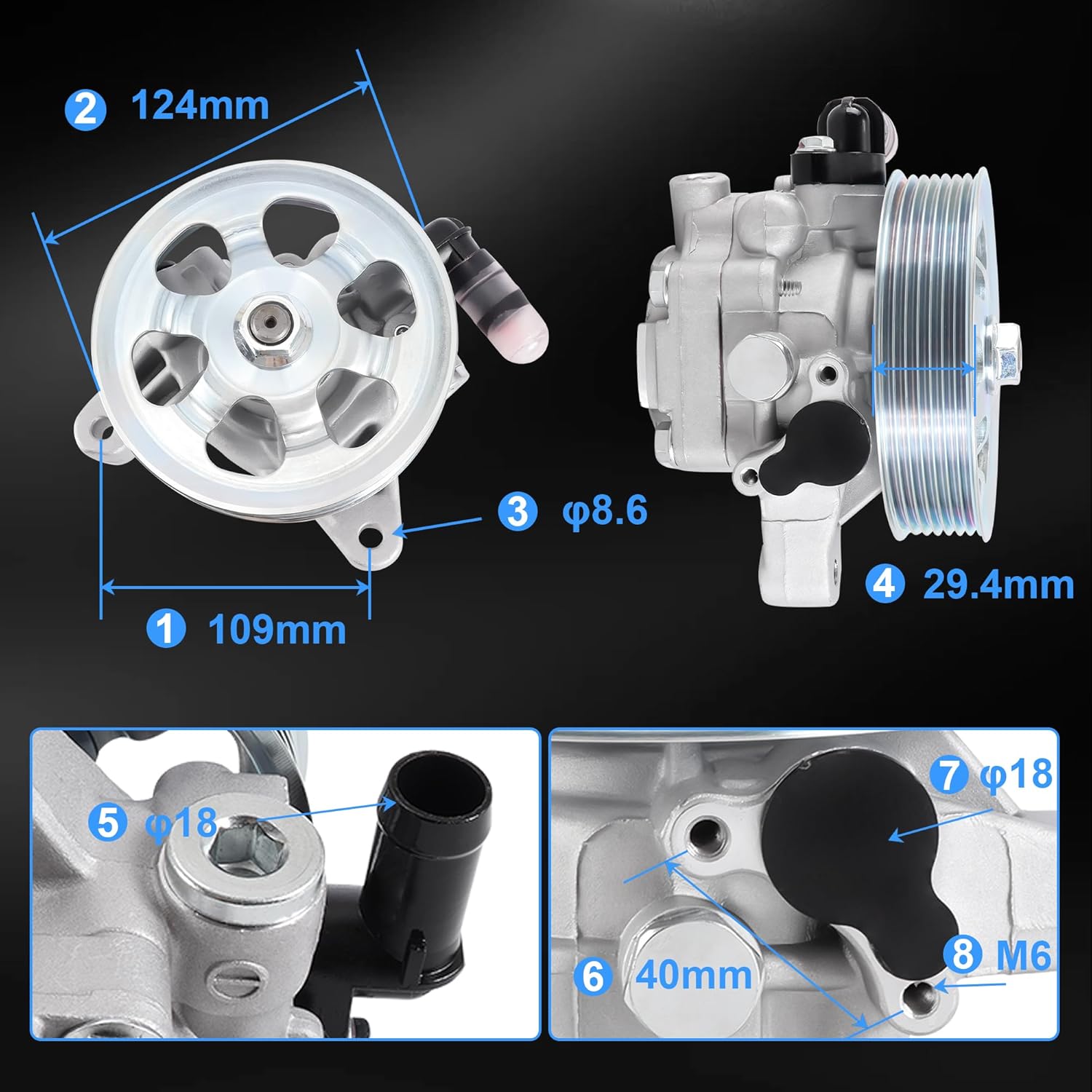 Power Steering Pump with Pulley – Compatible with 2003–2007 Honda Accord EX/LX 2.4L L4 – Replaces 56100-RAA-A01, 96-5341 – Power Assist Pump (21-5341)