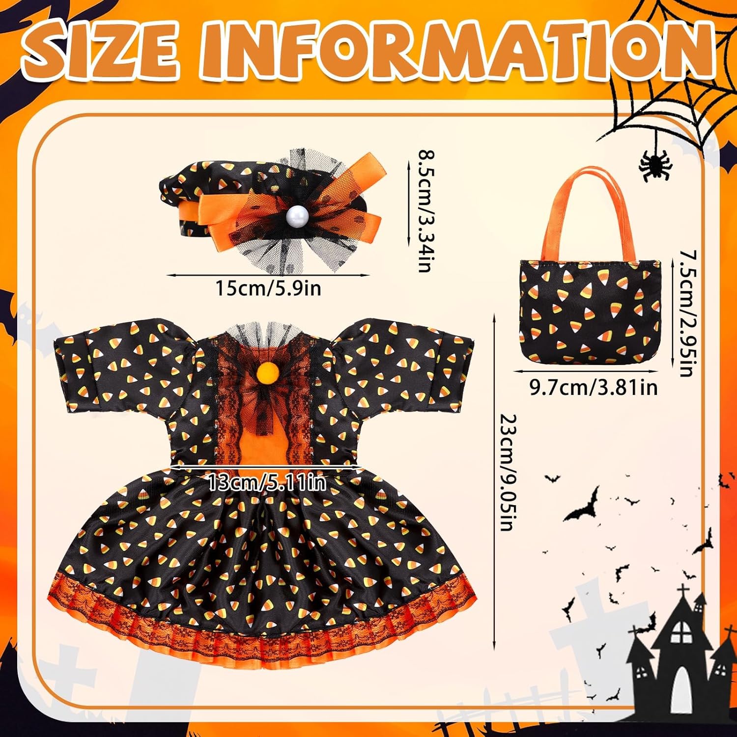 JANYUN 18 Inch Doll Clothes Accessories Halloween Witch Costume Candy Corn Suit Set with Witch Hat Candy Bag for Doll Halloween Costumes Gifts