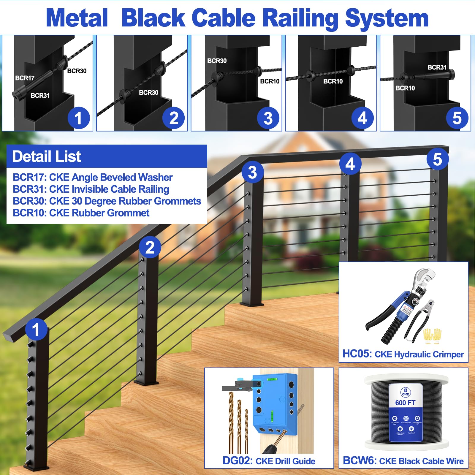 CKE Juego de 20 barandillas de cable invisibles, terminales tensores de acero inoxidable T316 para sistema de barandilla de cable de 1/8 pulgadas, receptor invisible y accesorios de extremo de perno