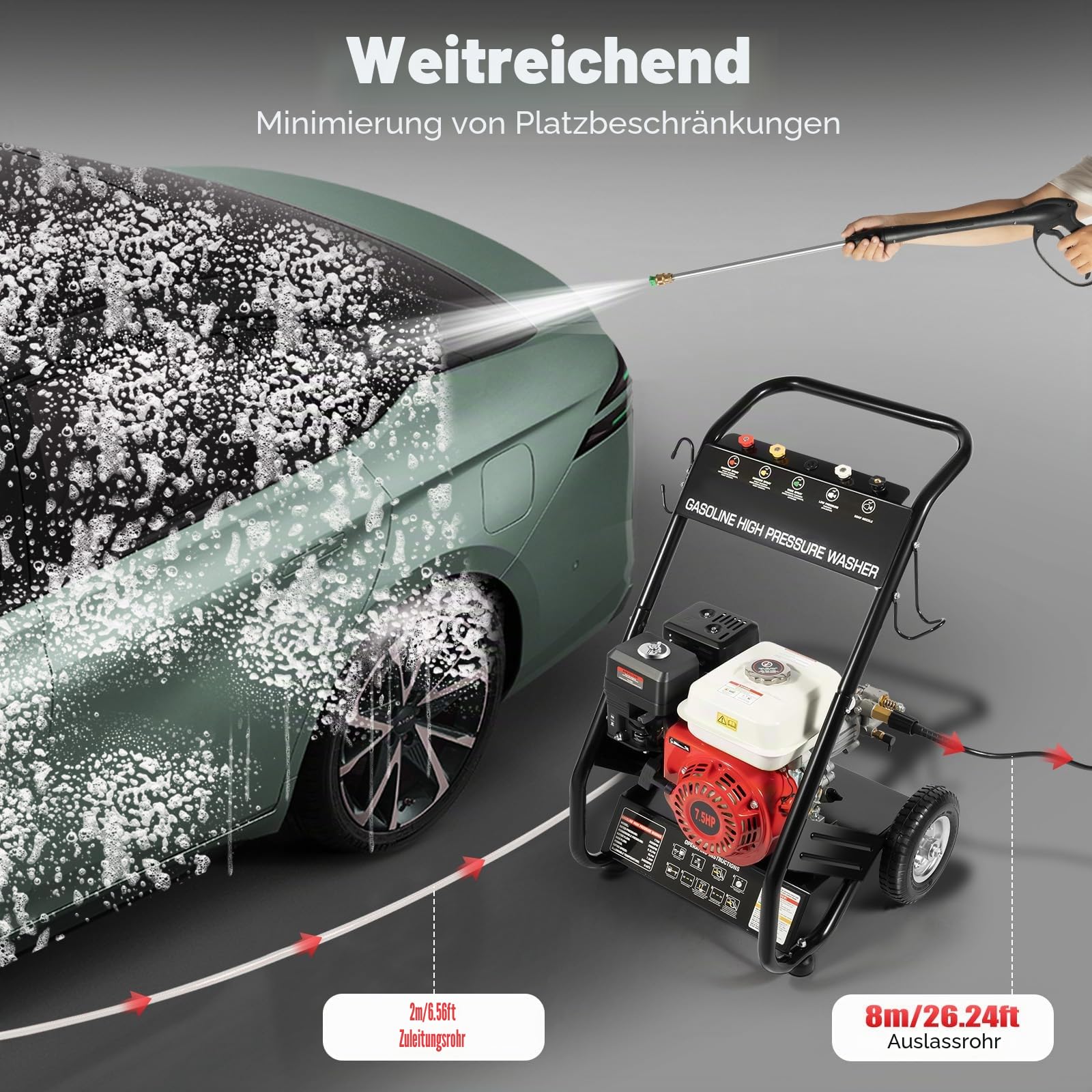 4-Takt Benzin 7,5PS Profi Hochdruckreiniger mit 5 Düsen und Schlauch, 170-190 Bar Benzin Selbstansaugend Reinigungsmaschine Benzinmotor Flächenreiniger für die Reinigung von Böden und Fahrzeugen
