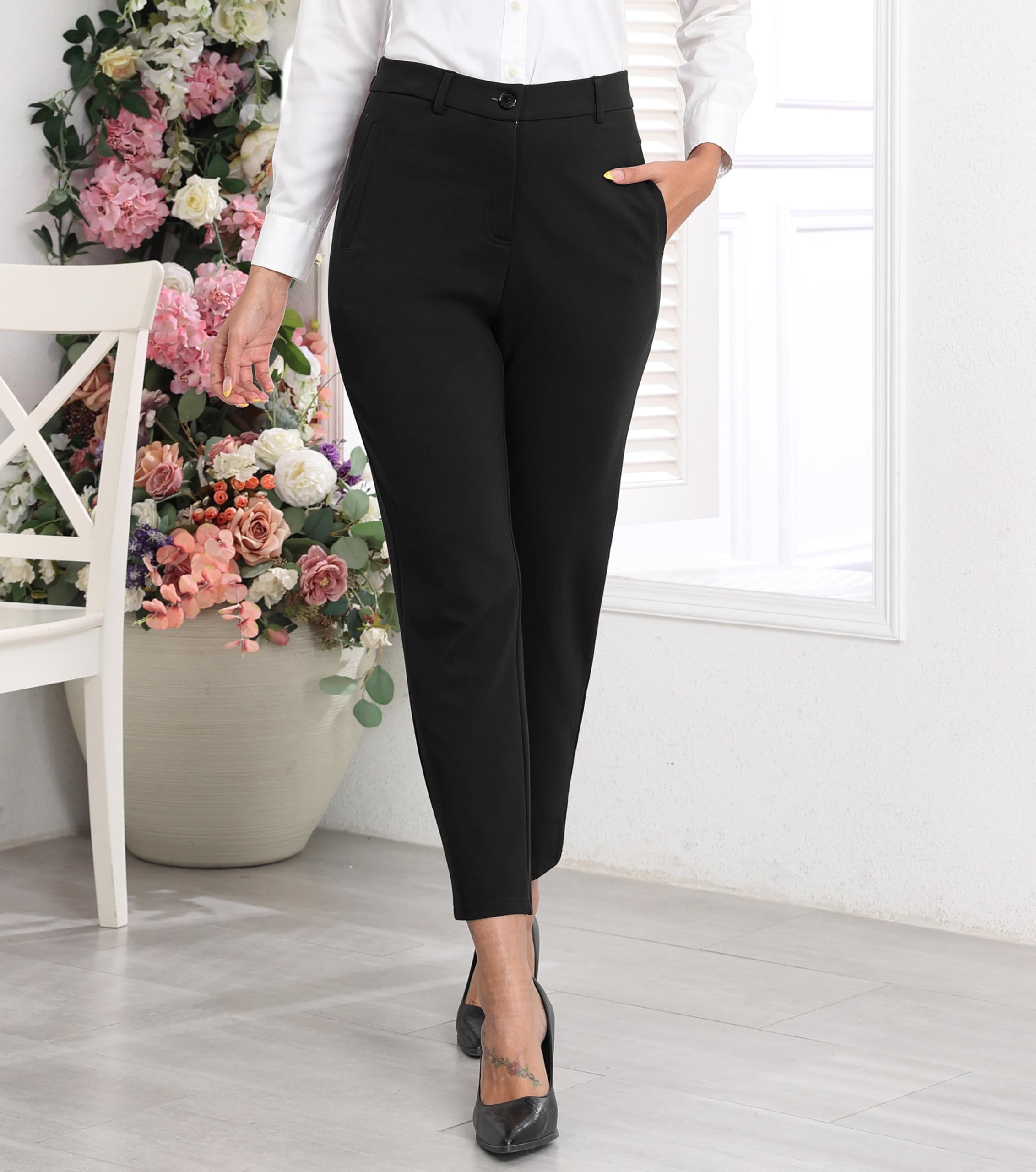GRECERELLE Pantalones de trabajo para mujer, elegantes, elásticos, cintura alta, pierna recta, pantalones casuales de yoga para mujer, con bolsillos y cremallera
