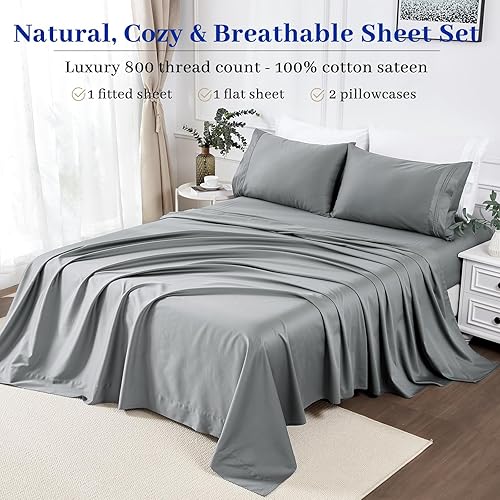 Miniatura 5 de YIYEA Sábanas de tamaño matrimonial, sábanas 100% algodón para cama matrimonial, juego de sábanas de satén de algodón de 800 hilos, bolsillo