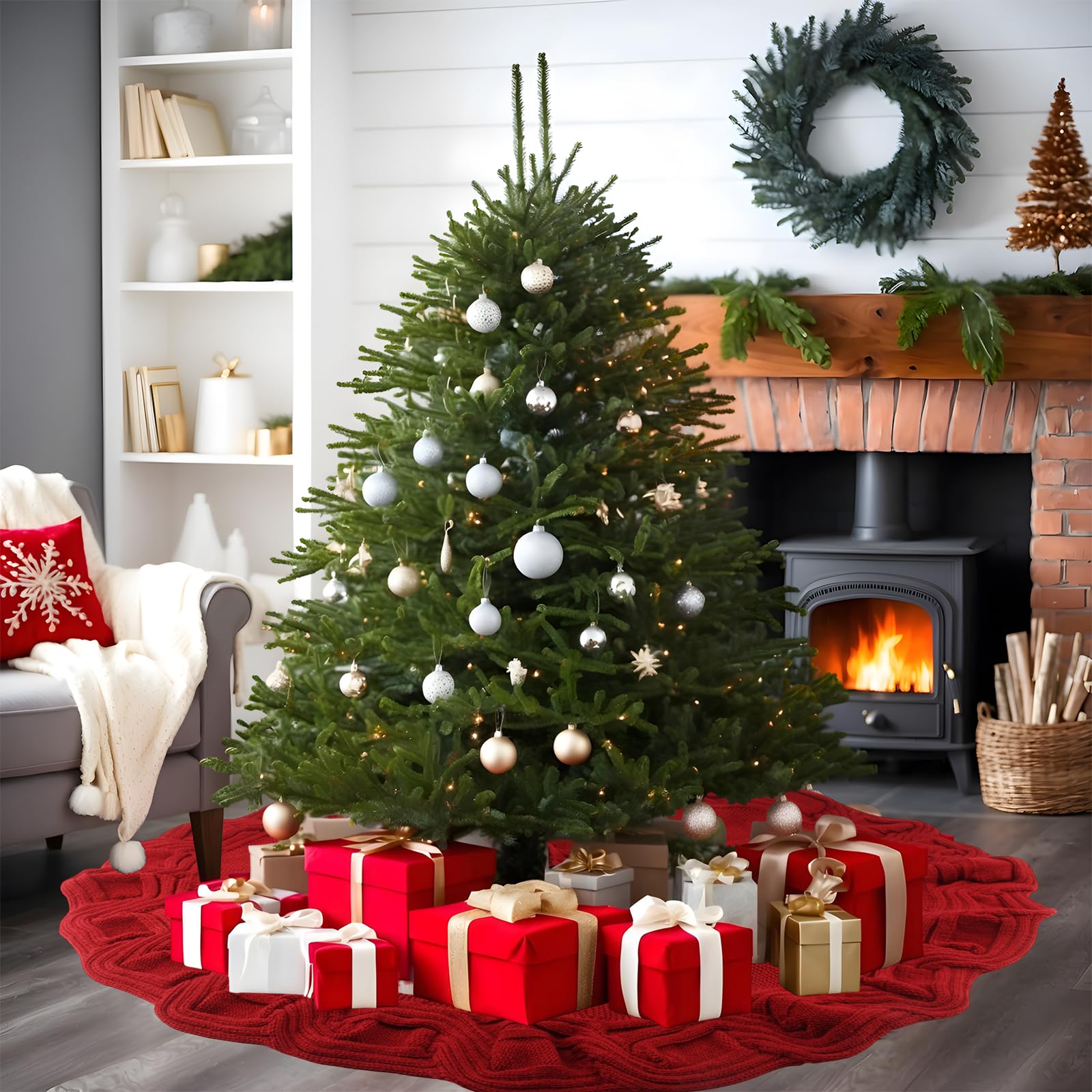 90 cm Jupe de Sapin de Noël Tricoté Rond Jupe d'arbre Sapin Noel pour Fournitures de Décoration Intérieure et Les Décorations de Fête Noël (Rouge)