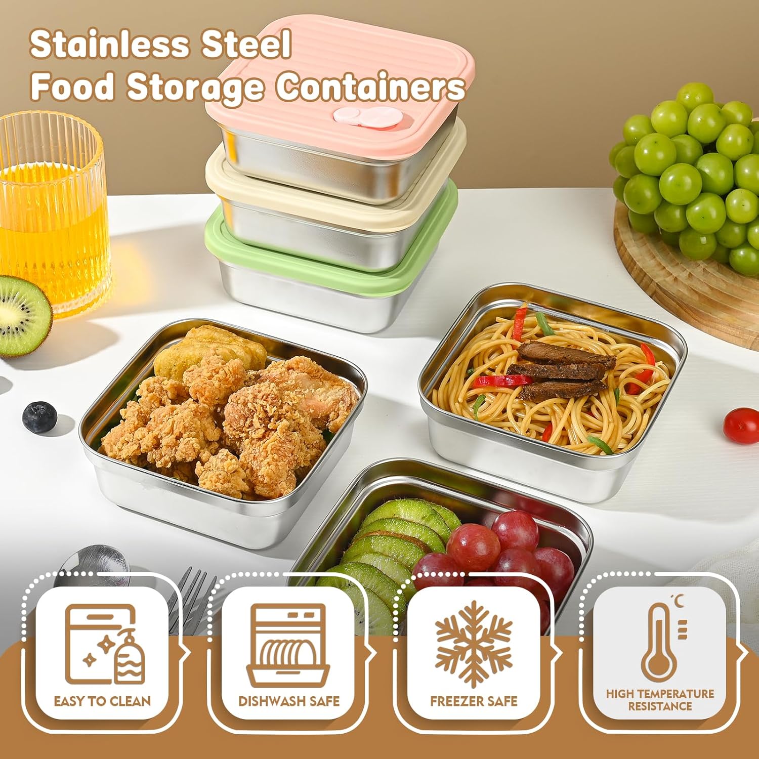 4 Pack Sandwich Containers, 20oz Reusable Stainless Steel Food Storage Containers with Lids, BPA-Free, Dishwasher Safe, Meal Prep Lunch Box for Snacks & Fruits (White, Pink) - Image 3