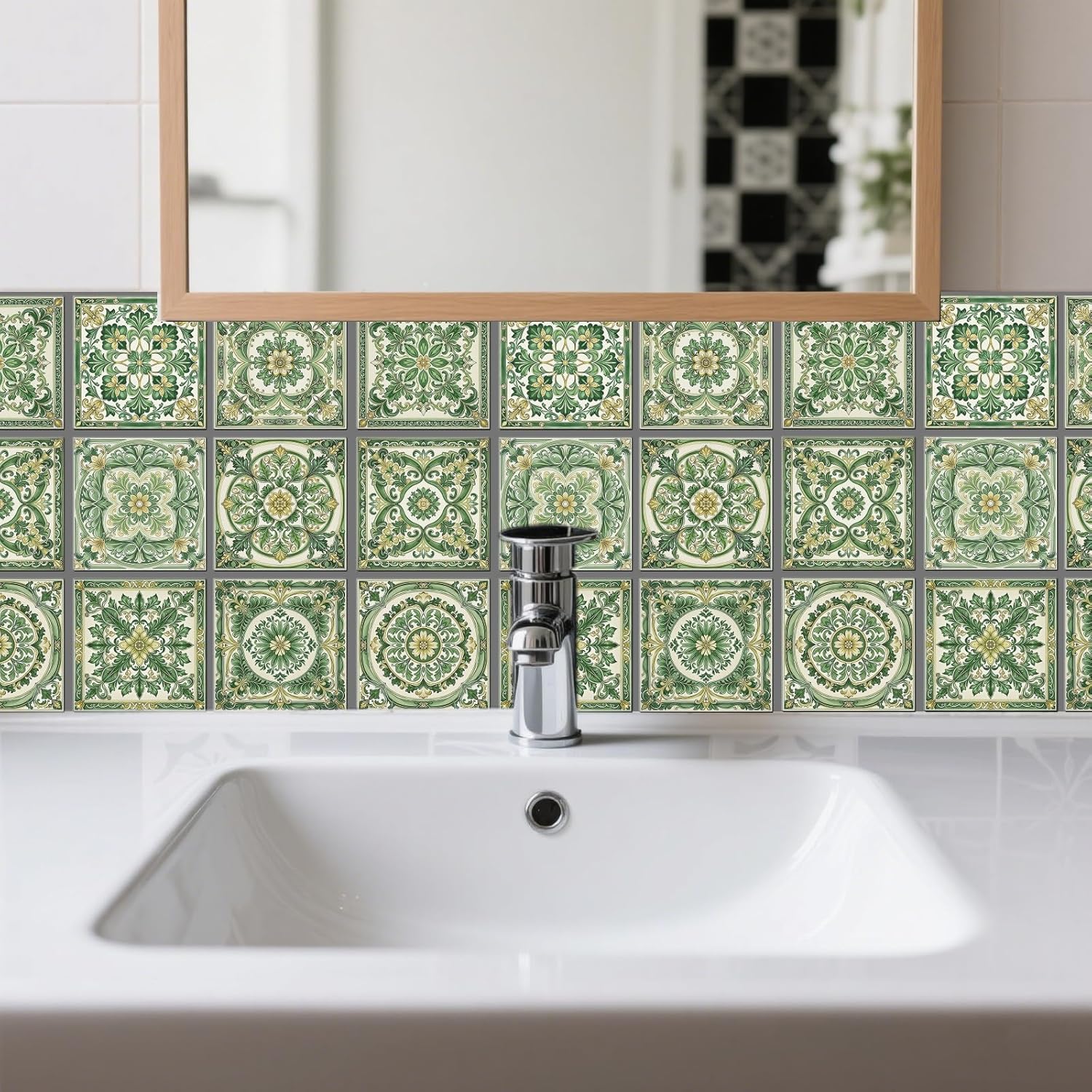 36 Pcs 9 Styles Retro Green Flowers Patten Tile Sticker Datura Flowers Patten Wall Tile Stickers Waterproof Self Adhesive Stick on Decals for Kitchen Bathroom Wall Art 4×4 Inch