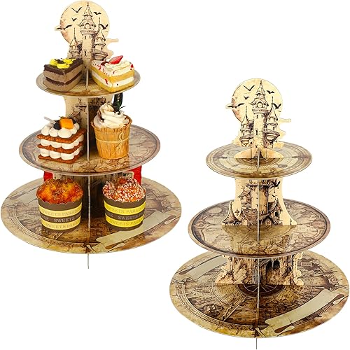 Tioncy Soporte de mago de 3 niveles para cupcakes, soporte redondo para cupcakes, torre de postre redonda, castillo vintage, suministros de fiesta