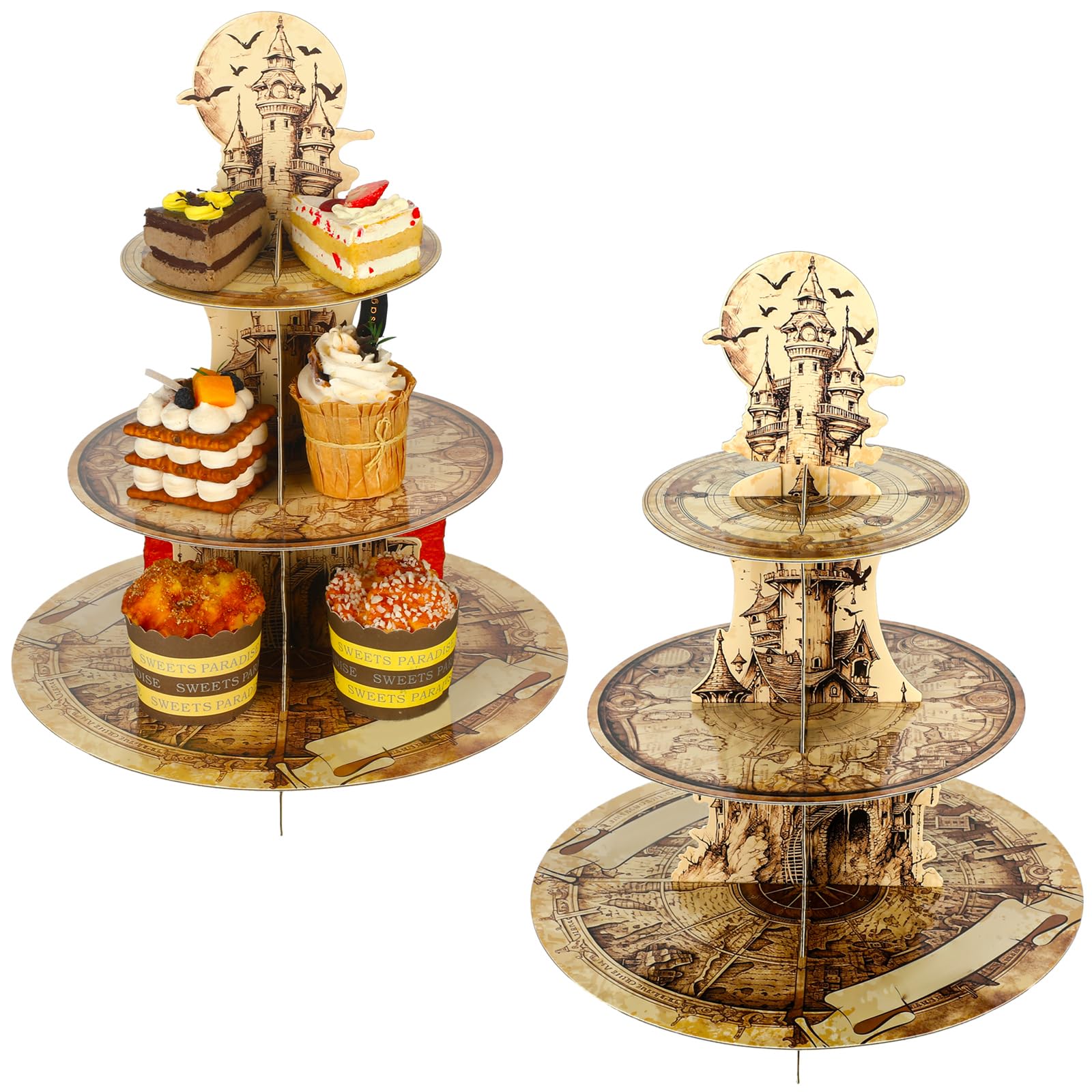 Tioncy 2 Pieces Wizard 3 Tier Cupcake Stand Wizard Cupcake Holder Round Dessert Tower Vintage Castle Birthday Halloween Party Supplies Cosplay Party
