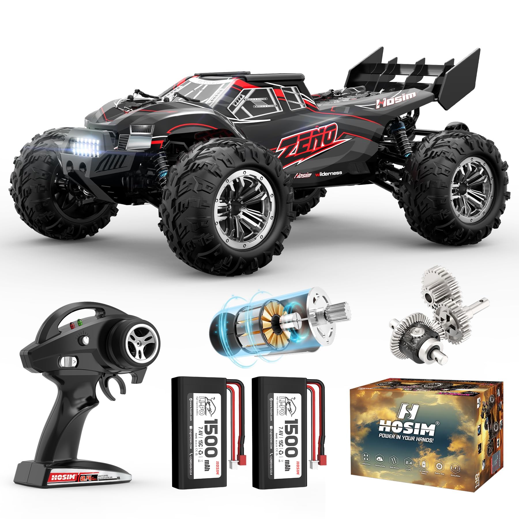 Hosim 1:10 Remote Controlled Car for Adults, 48+km/h High Speed 4WD RC Buggy, with 2 Batteries, 7.4 V, 1500 mAh Electric RC Car, Large RC Truck, Offroad 2.4 GHz Waterproof Monster Truck for Boys and