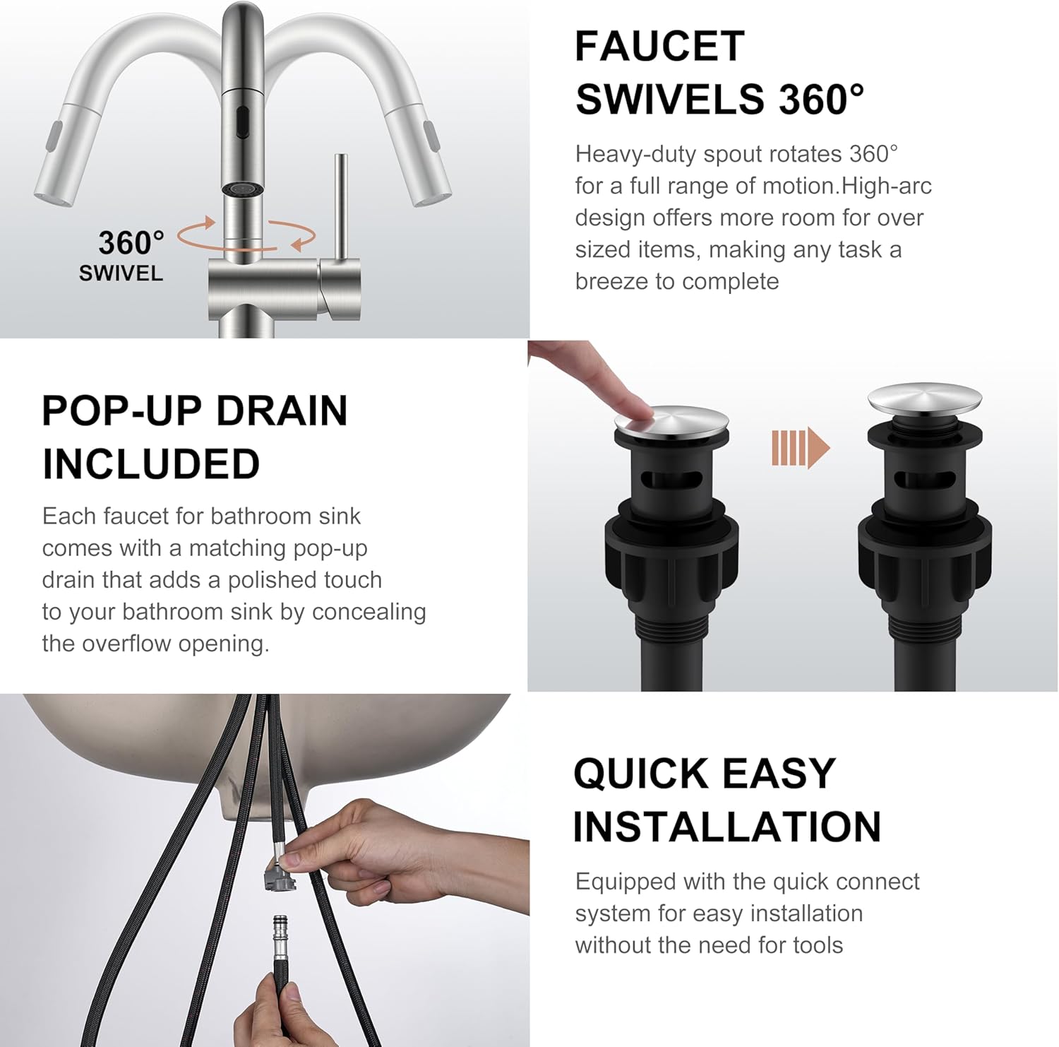 KENES Brushed Nickel Bathroom Faucet with Pull Down Sprayer, Single Handle Bathroom Sink Faucet with Pull Out Sprayer, Vanity Faucet with Pop Up Drain & Deck Plate, KE-9065B