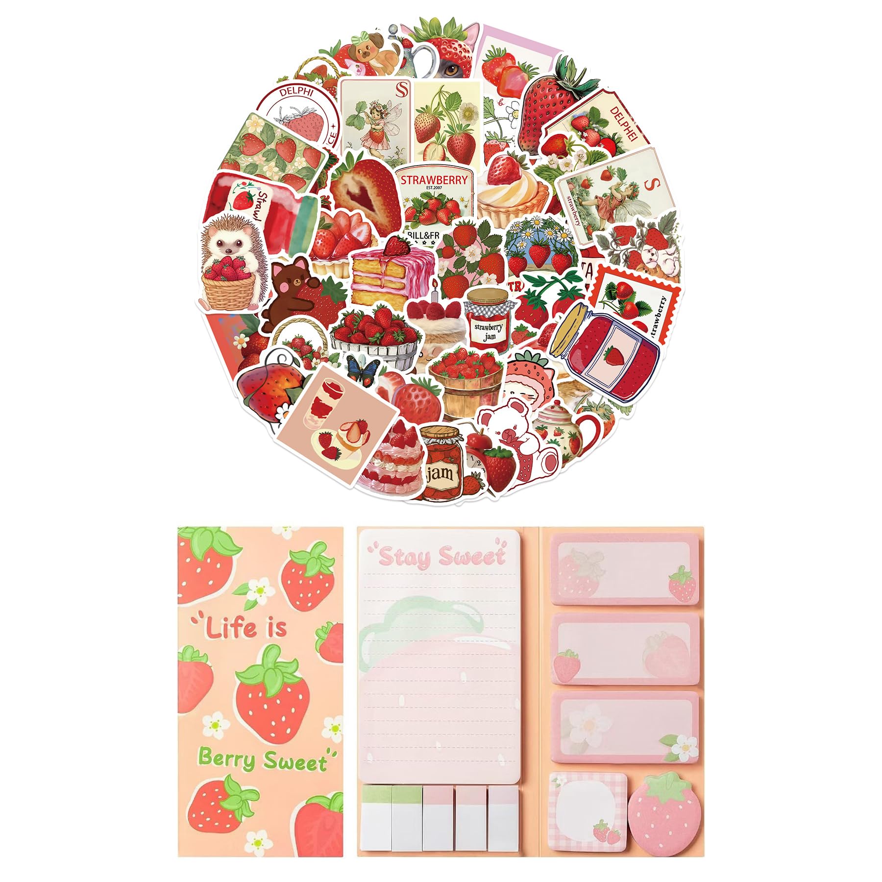 Strawberry Gifts - Trawberry Sticky Notes and Stickers Set, 550 Sheets Cute Sticky Notes with Self-Stick Note Pads,50PCS Stickers, Fruit Divider Tabs Bundle Writing Memo Pads Back to School Supplies
