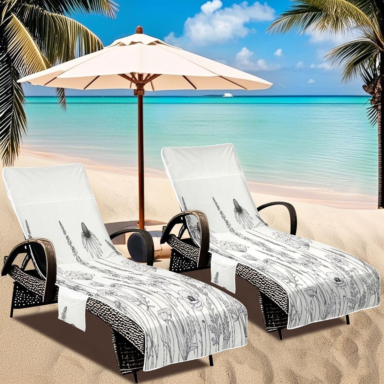 Flower Fields Lounge Chair Towel Cover with Side Pockets – 85x30in Foldable Chaise Cover for Beach, Pool, Patio, Spa