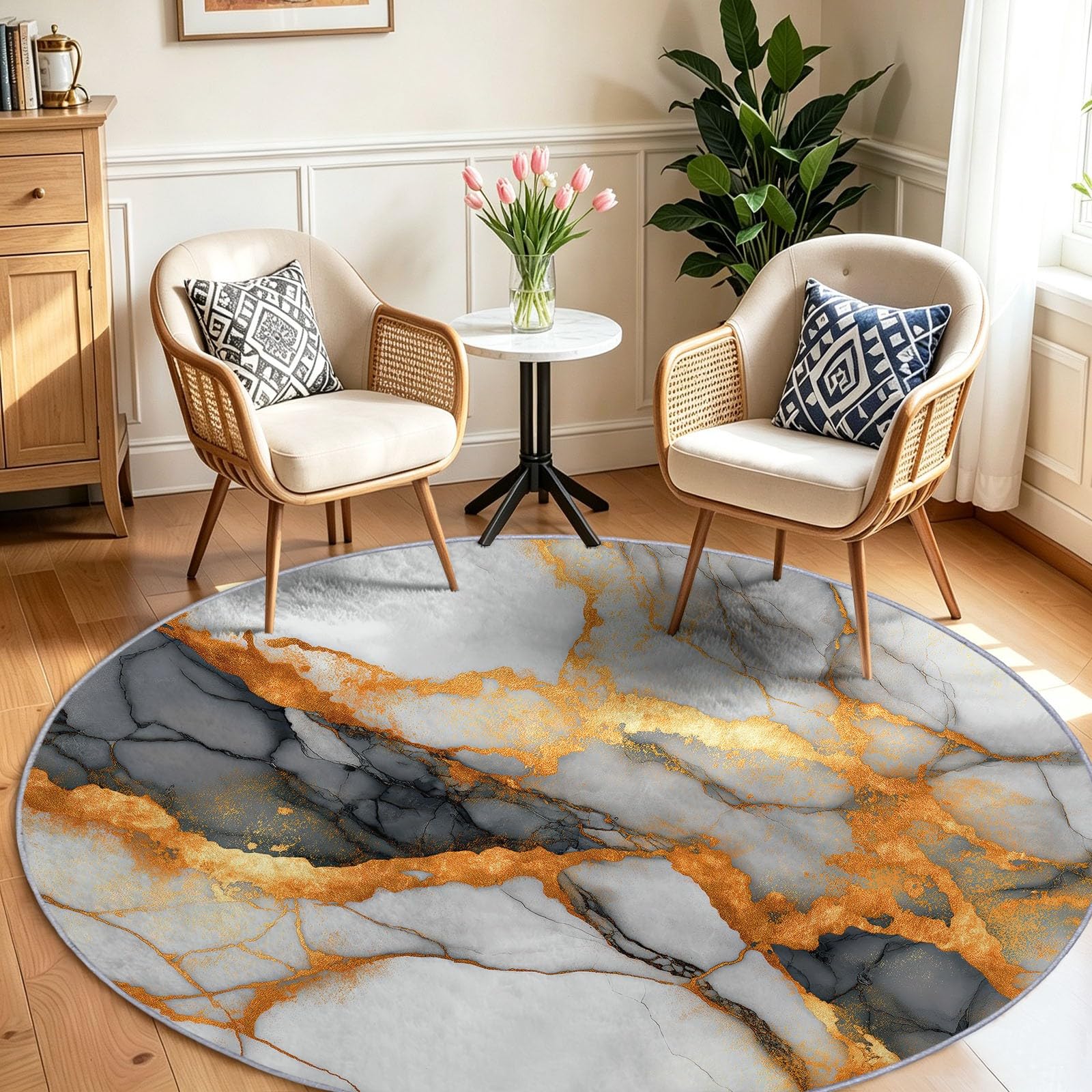 Runder Teppich 180 cm Waschbarer Wohnzimmer Teppiche, Grau | Modern Marmormaserung Goldadern abstrakte Textur, Waschbar, Rutschfest, Kurzflor, Weich, Schlafzimmer, Esszimmer, Büro, Flur, Kinderzimmer