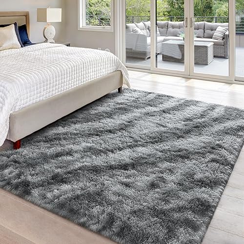 Miniatura 10 de Hutha 5x8 Large Area Rugs for Living Room Super Soft Fluffy Modern Bedroom Rug Tie-Dyed Light Grey Indoor Shag Fuzzy Carpets for Girls Kids Nursery