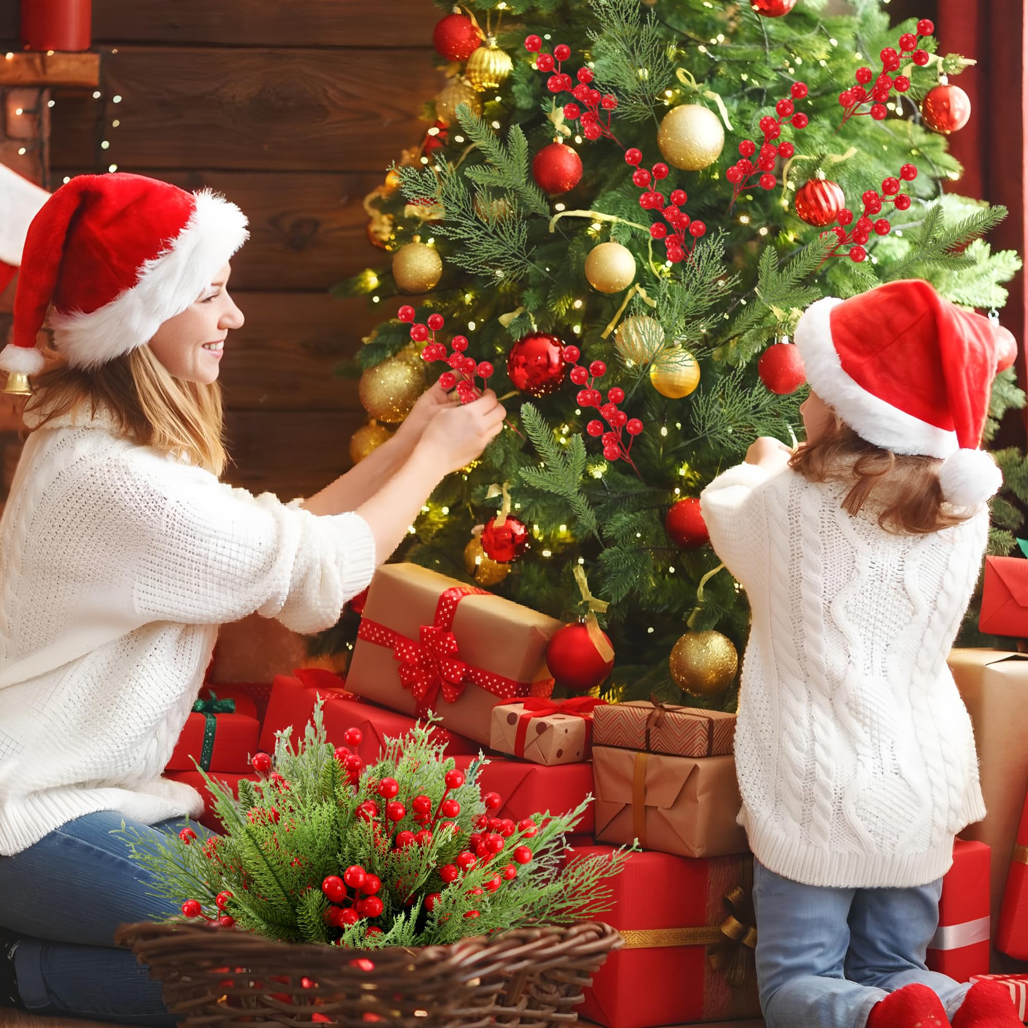Künstliche Tannenzweige für Weihnachten, 20,3 cm, künstliche rote Beerenstiele, 34,3 cm, künstliche künstliche Tannen, Nadeln, DIY-Handwerk, Dekorationen für Weihnachtsbaum, DIY-Kranz, Girlande