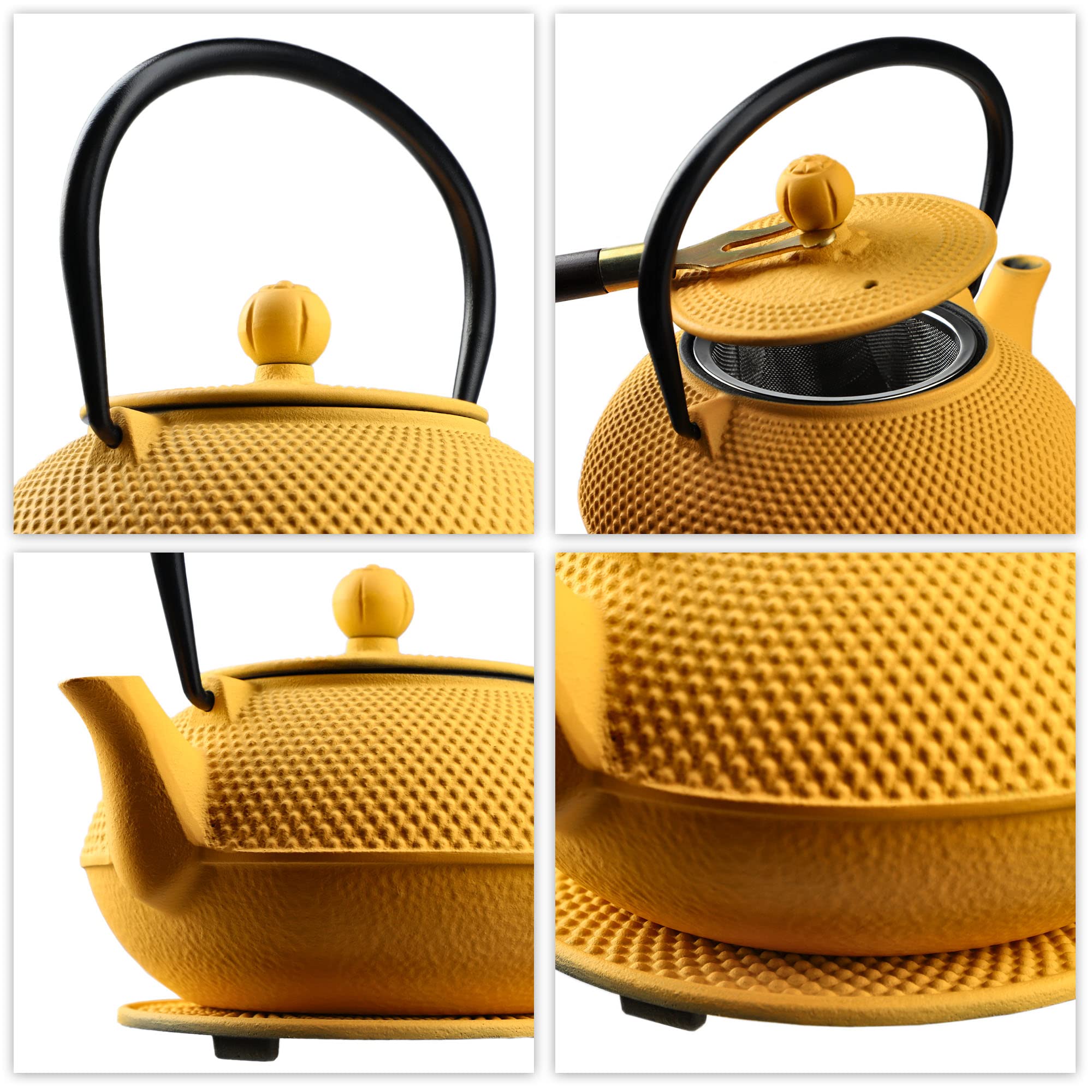 KADAX Théière Japonaise en Fonte de 850 ml avec Intérieur Émaillé, Bouilloire avec Deux Tasses et Infuseur pour Thé en Vrac, Service à Thé Complet (Jaune)