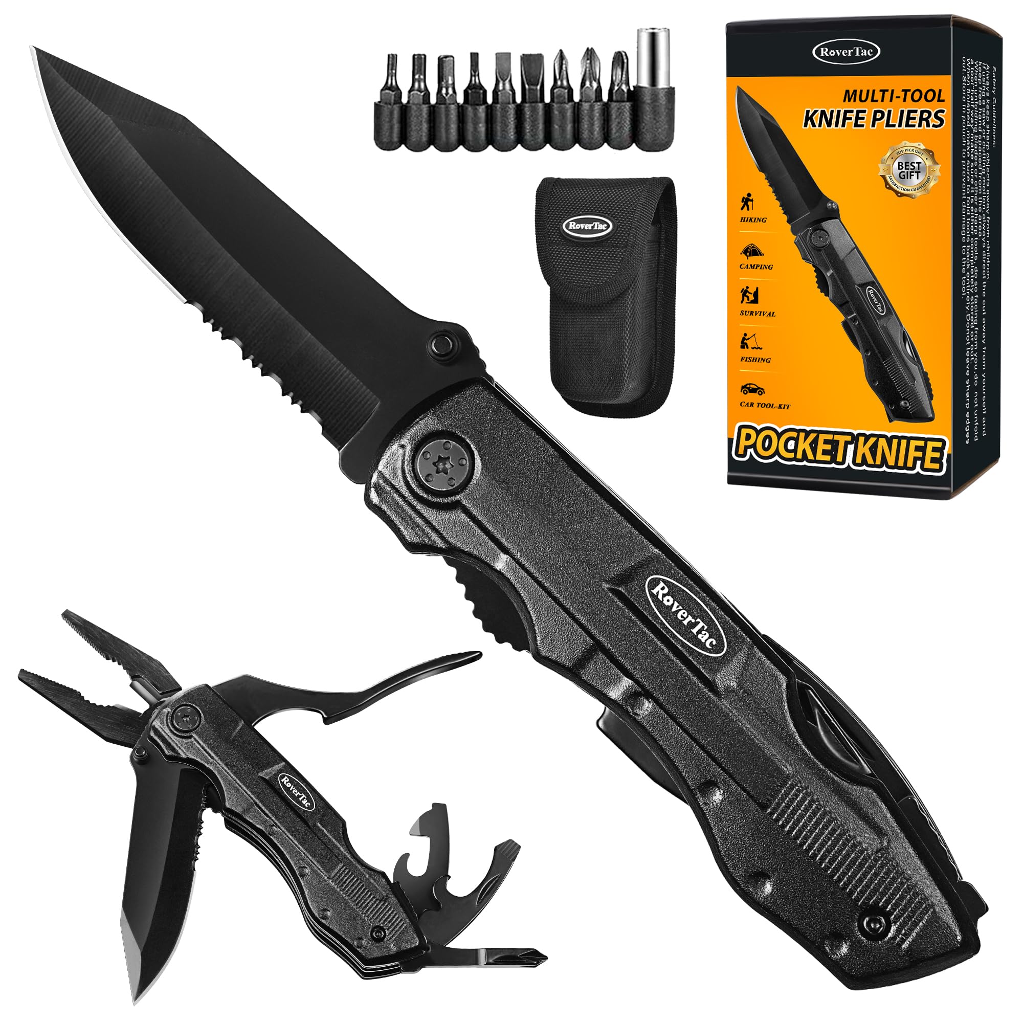 RoverTac Pocket Knife, 15-in-1 Multitool with Pliers, Bottle & Can