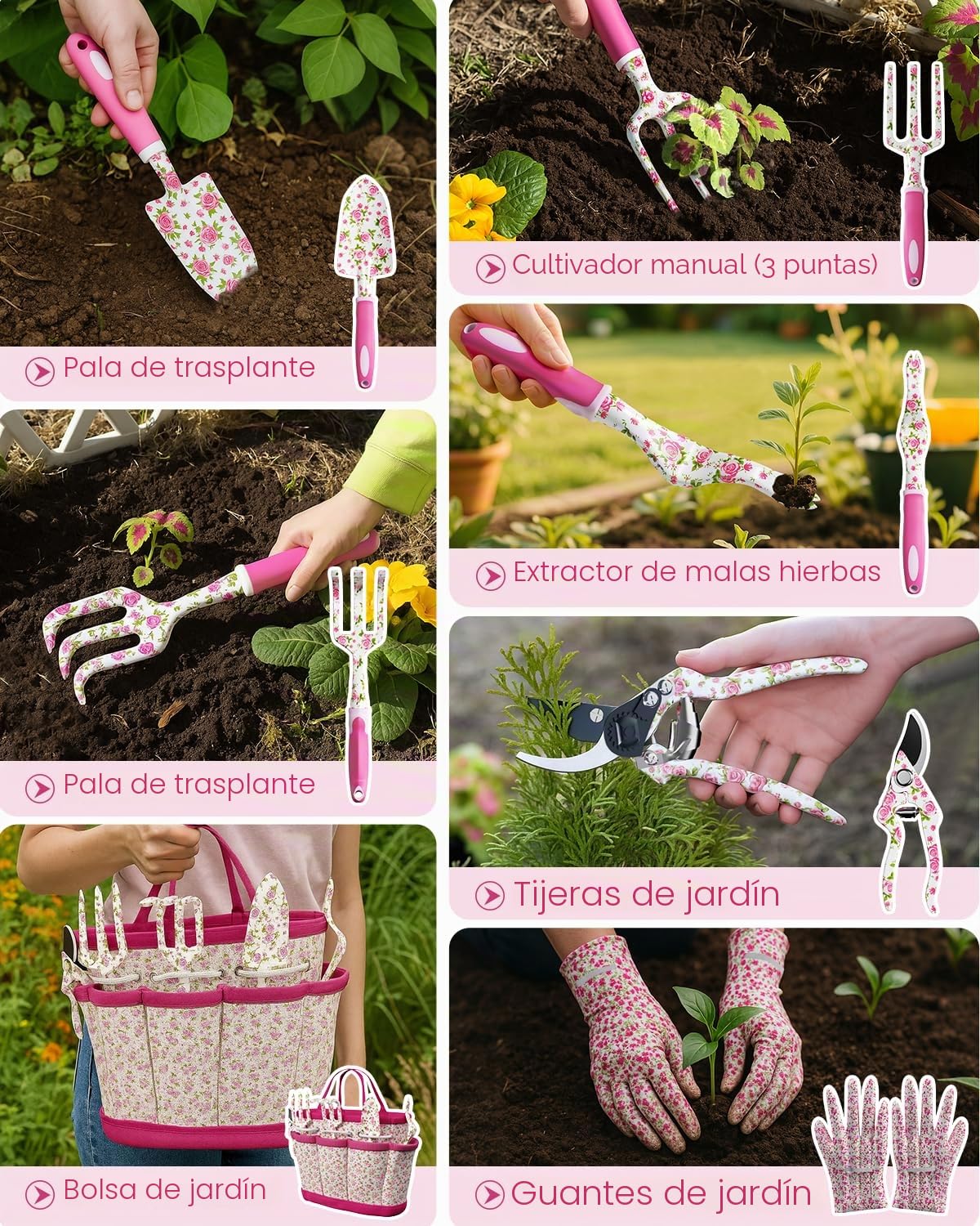 MYMULIKE Kit jardineria,26 Piezas de Herramientas de jardín con Estilo Floral, Incluye Guantes,Tijeras de podar de Mano y Bolsa de Almacenamiento, jardineras