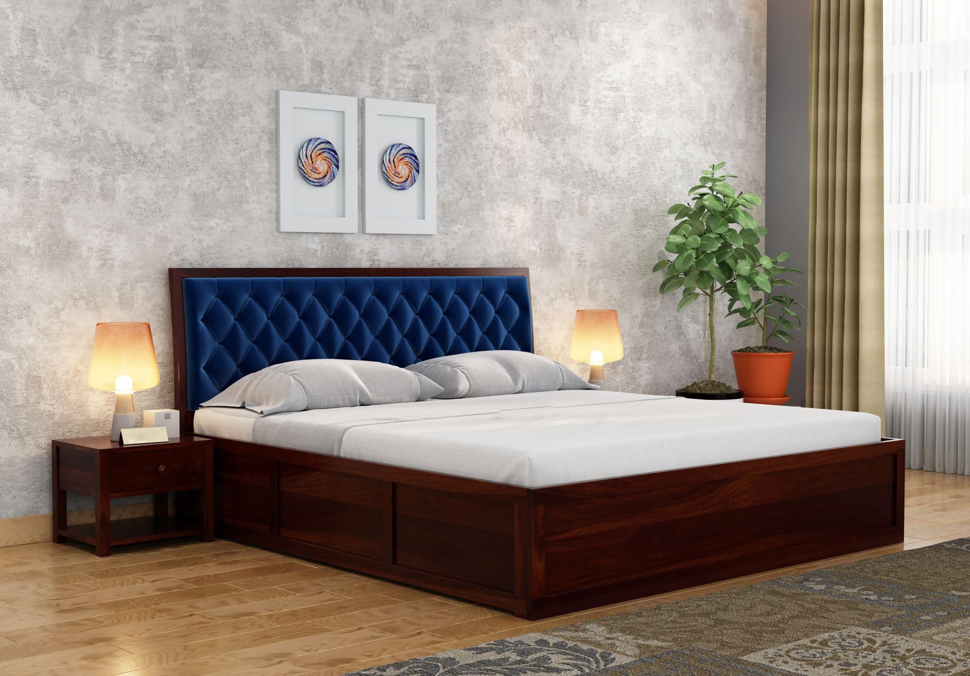SHREE SHYAM FURNITURE Wood Bed King Size || King Size Bed with Box Storage || Wooden Bed King Size, Cot King Size with Storage Double Bed Furniture for Bedroom,Finish - Walnut Cushion - Blue
