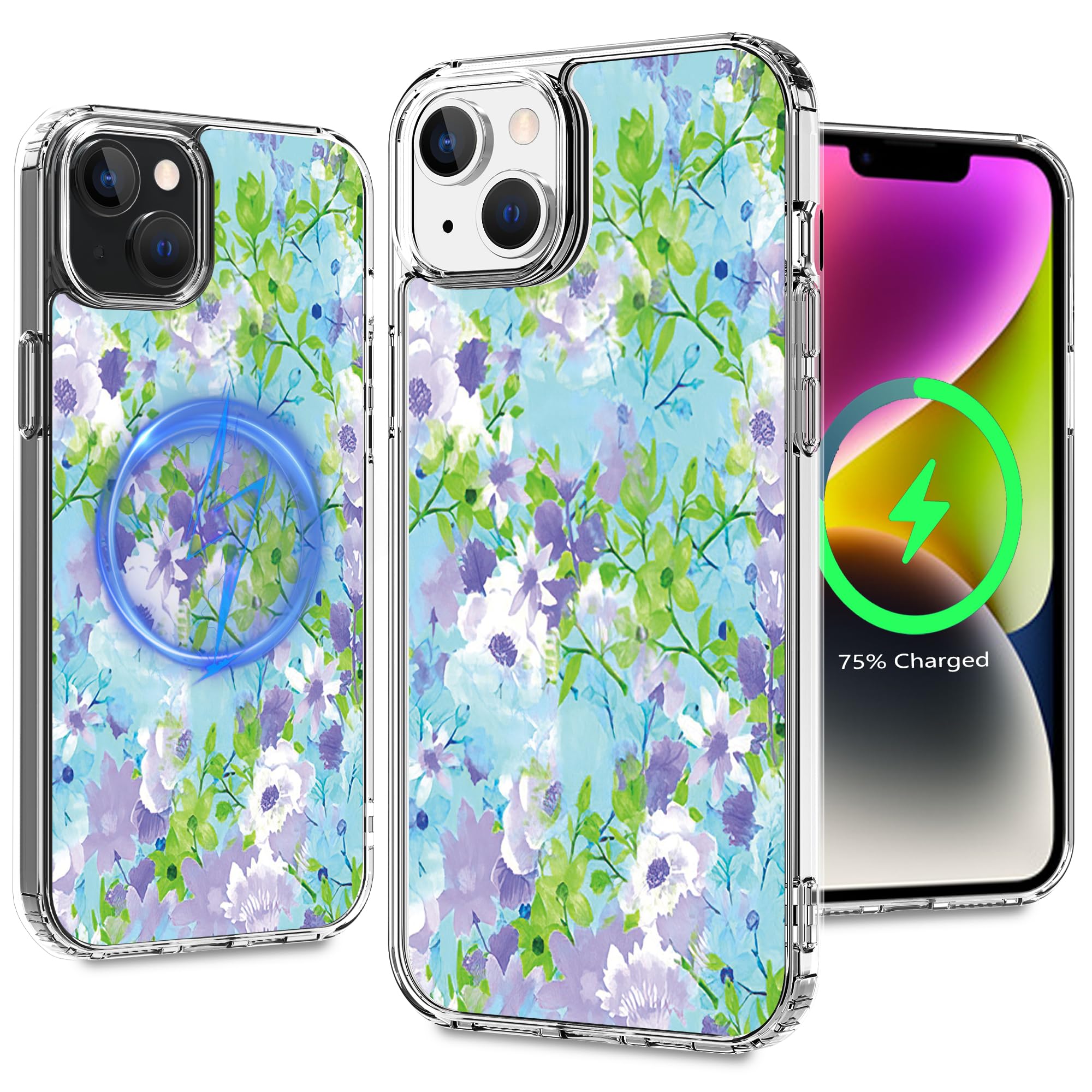 LORYVAN Magnetic Clear Case for iPhone 13/iPhone 14, Flower Printing Pattern Design for Women Girls Shockproof Floral Protective Case, Compatible with