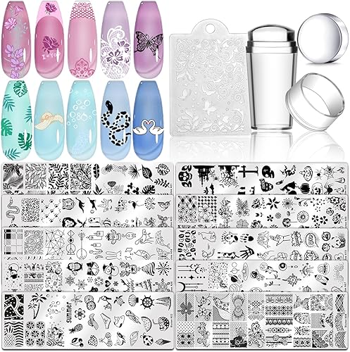 Biutee Juego de placas de estampado de uñas, 10 piezas de decoración de uñas, raspador, caja de regalo, kit de plantilla de sello de uñas, flor de