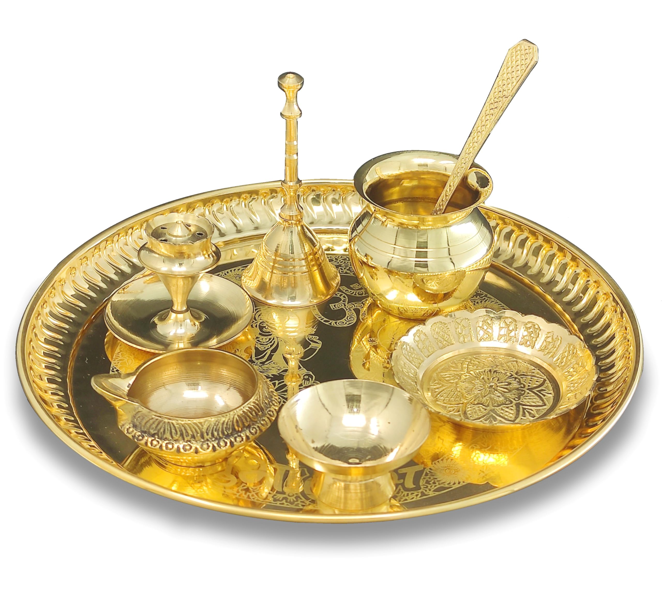 BENGALEN Messing Puja Thali Set 20,3 cm mit Pital Teller Dhup Dan Kalash Löffel Ghanti Schüssel Kuber Diya Kangura Teller Pooja Thali für Diwali Home Mandir Büro Hochzeit Rückkehr Geschenkartikel