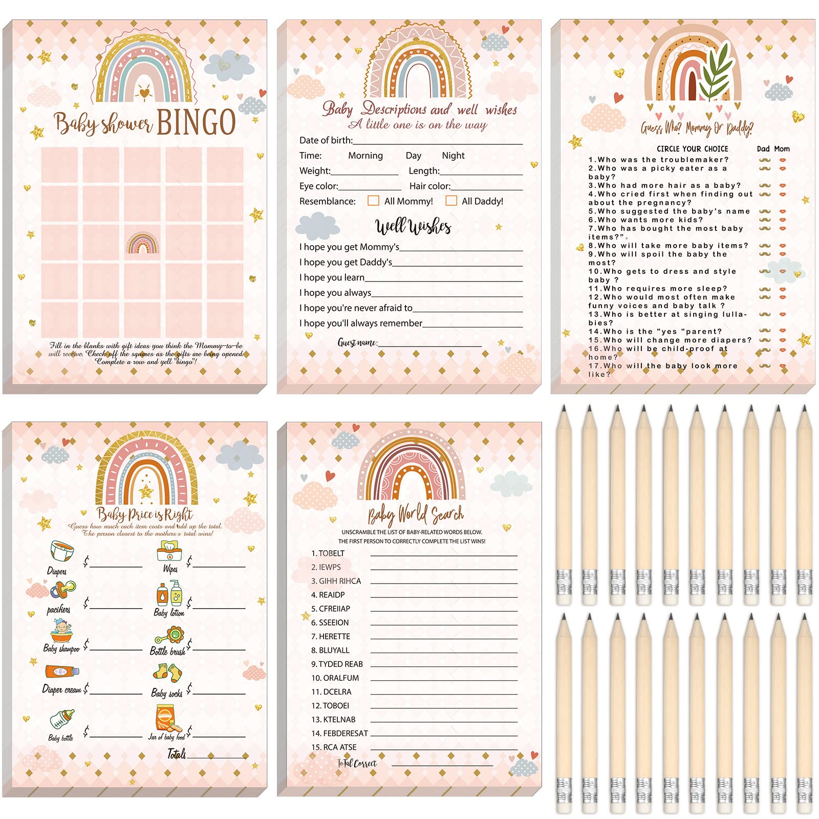 Amazon.com: 145 Pieces Boho Baby Shower Games Bohemian Rainbow Theme 5 Games  Set Baby Shower Games Activities with 20 Pencils for Girls Boys Include Baby  Descriptions, Wishes, Guess Who, Bingo Game(Boho Style):