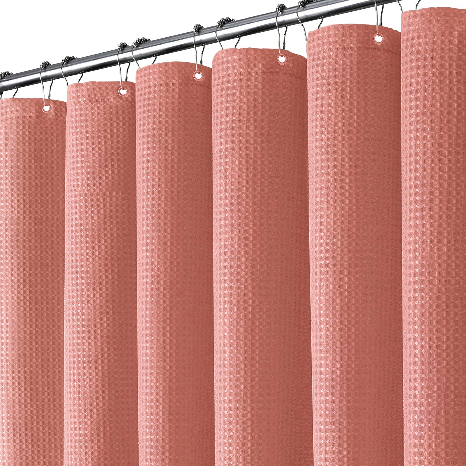BTTN 182 x 200cm Drop Long Waffle Shower Curtain, Extra Long Mould Proof Resistant Heavy Duty Fabric Wet room Shower Curtains, Waterproof Weighted Cloth Shower Curtain Set with 12 Plastic Hooks, Coral