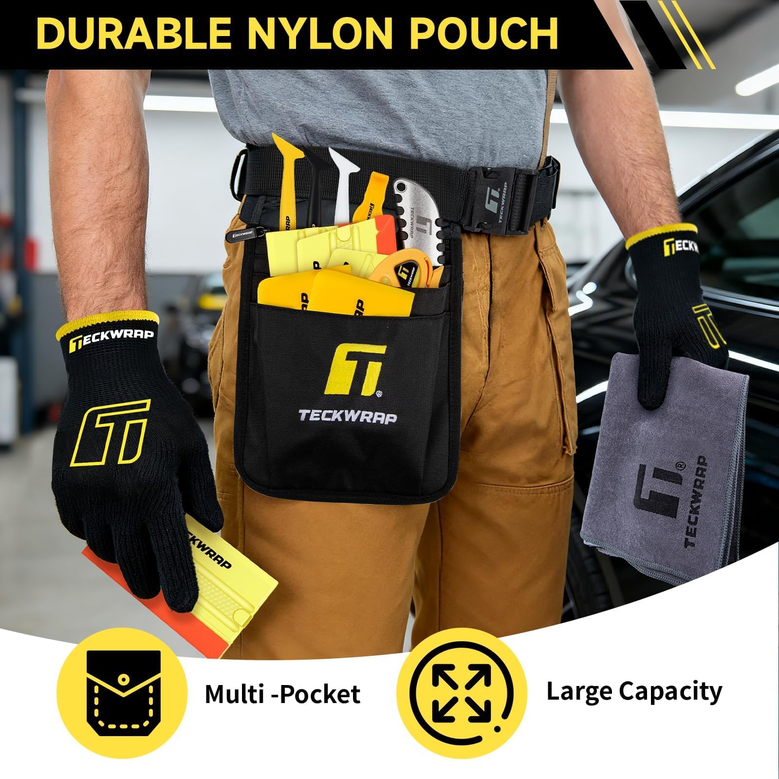TECKWRAP Lot de 22 Outils en Vinyle pour Voiture - Raclette, Couteau, Cutter de sécurité, Gants Anti-coupures, aimants et Pochette à Outils pour Emballage de véhicule