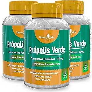 Kit 180 cápsulas Própolis Verde 15mg de Compostos Fenólicos. Wax Free. (03 Frascos)  