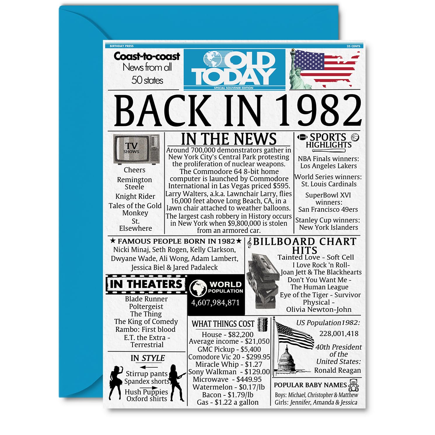 43rd Birthday Cards for Men Women - Back In 1982 Newspaper - 43 Happy Birthday Decorations Card for Her Him Dad Mom Husband Wife Uncle Aunt Vintage Retro Born In 1982, A5 Bday Anniversary Cards