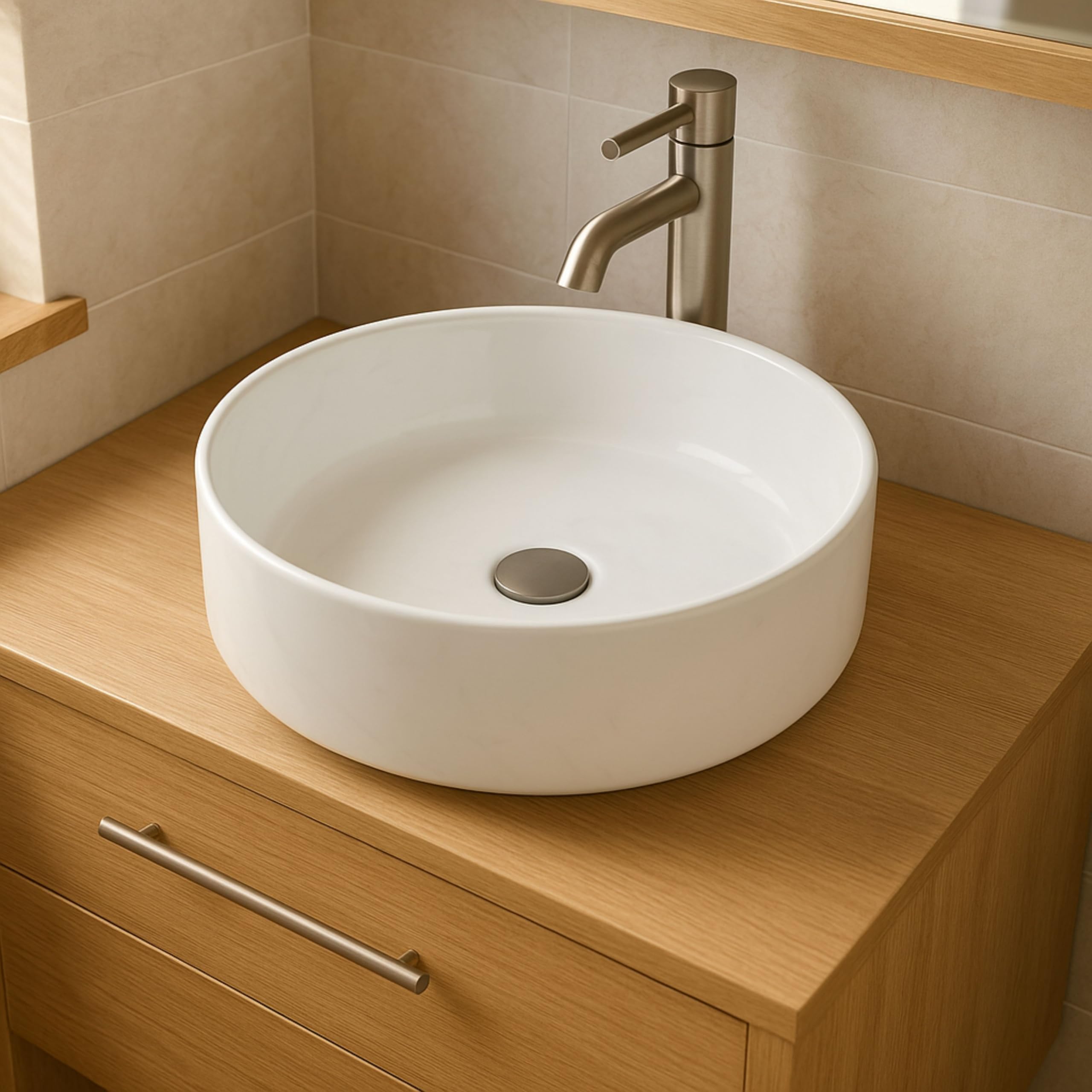 Lavabo da appoggio tondo | Lavandino Bagno rotondo in ceramica (40 cm diam.) | Modello Teide (Bianco)