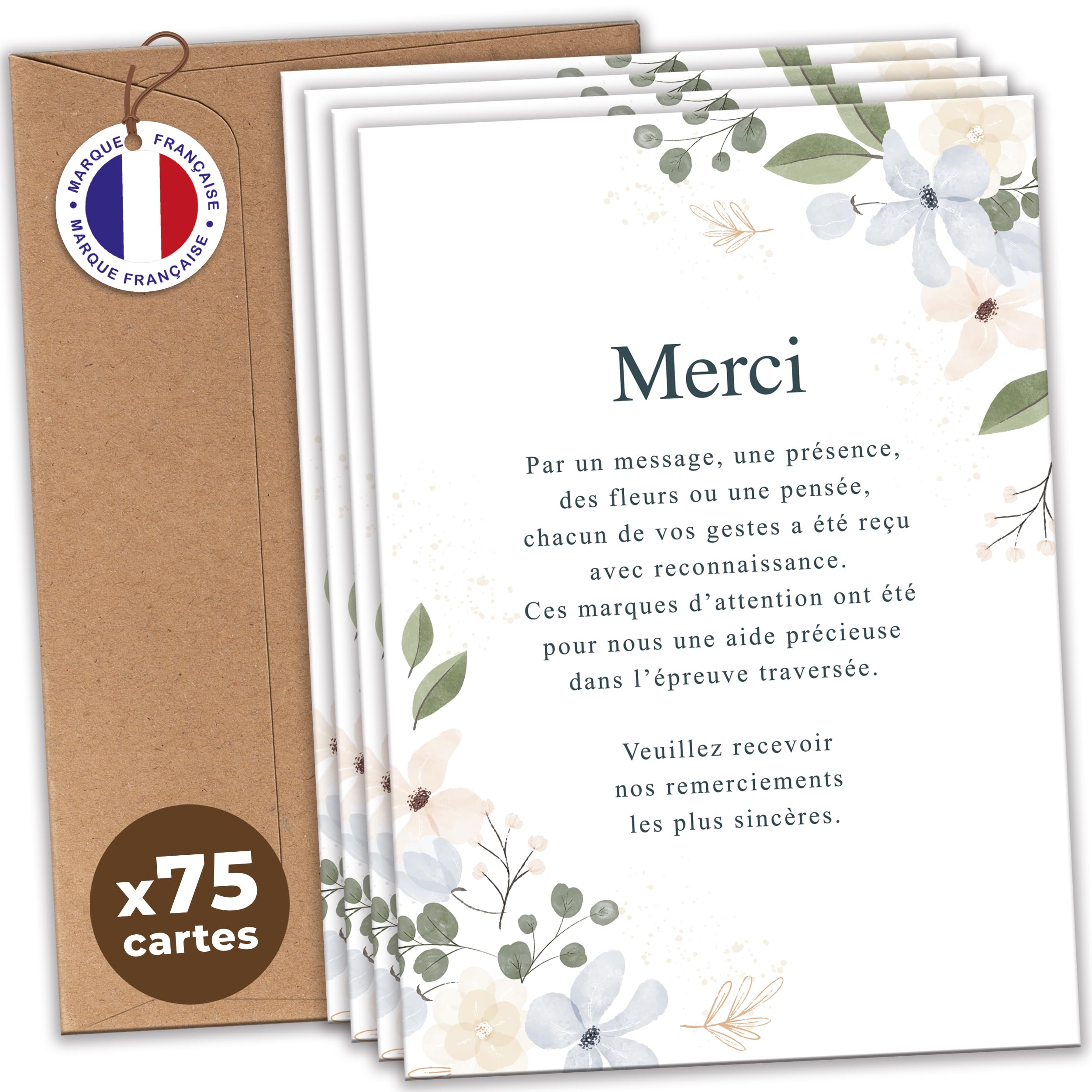 Cartes Remerciement Deuil Décès Obsèques Enterrement - Lot 25/50/75 + Enveloppes - Papier 400g - Design Sobre Élégant Fleurs Bougie Étoile - Marque Française (Lot de 75, Fleurs)