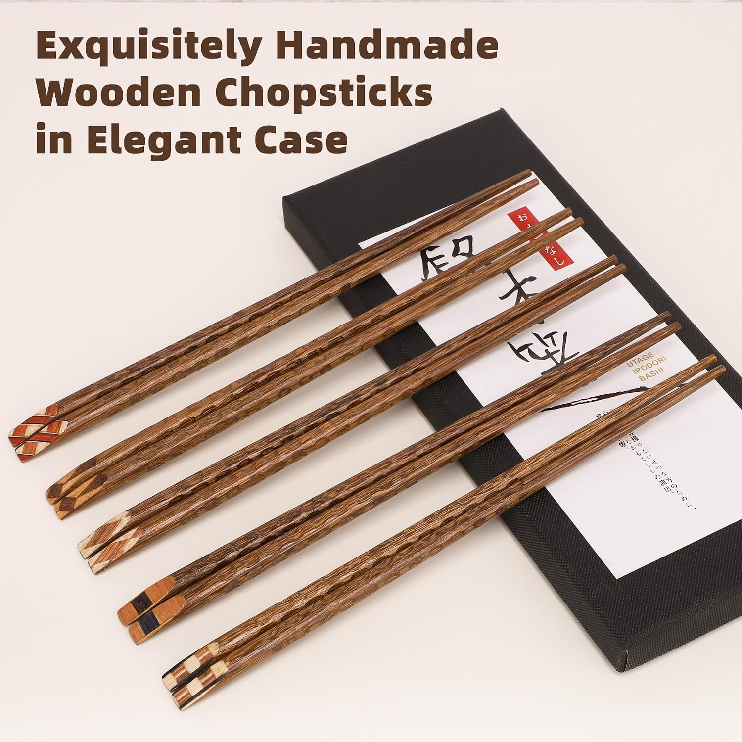 5 Pairs Wooden Chopsticks Reusable Classic Japanese Style Chop Sticks Dishwasher Safe Hand-Carved Hardwood Chopsticks for Sushi, Ramen, Hot Pot and Asian Cuisine, 8.8 Inch/22.5cm Gift Set