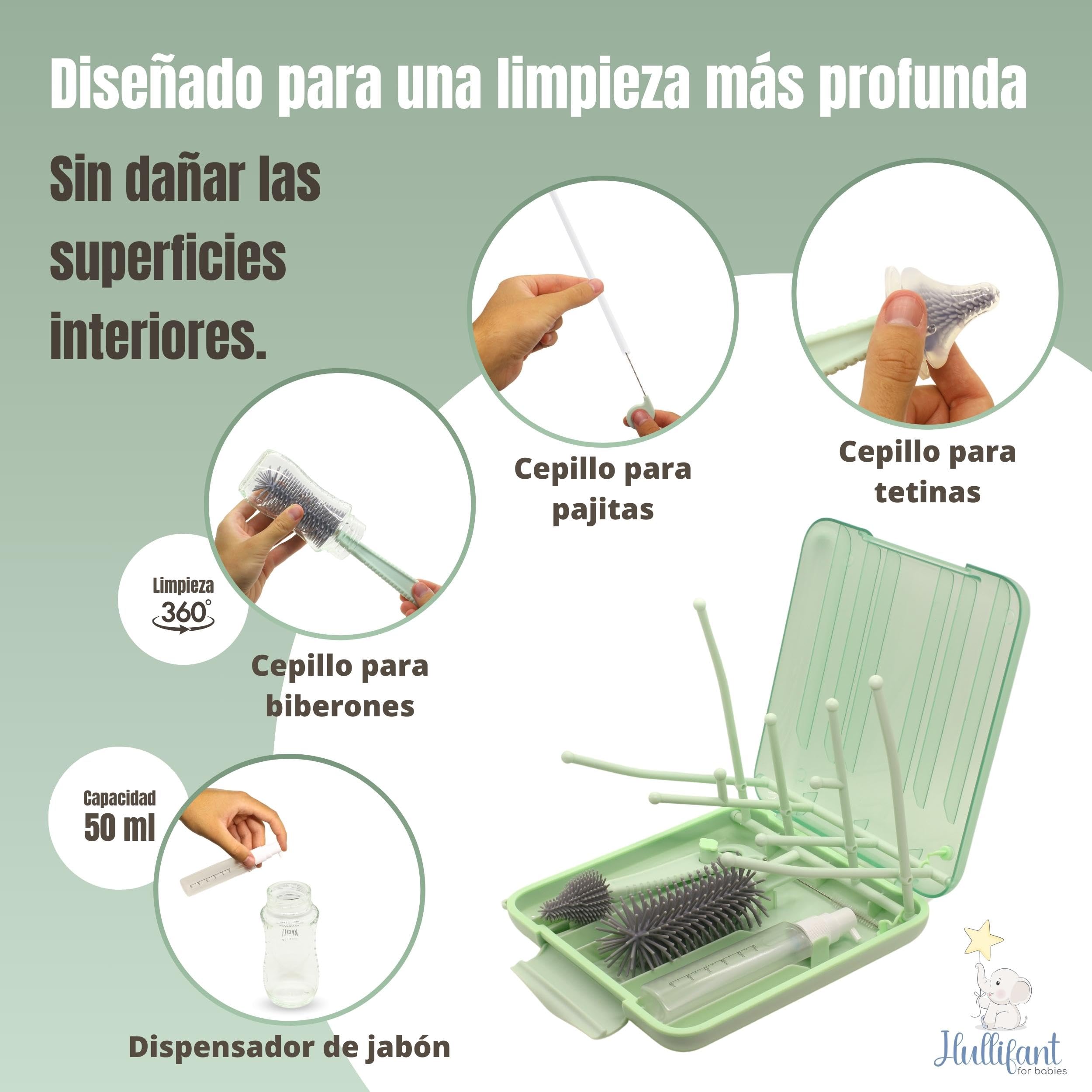 Set Escurre Biberones con Limpia Biberones - 6 en 1 Kit Cepillo Limpia Biberones con escurre biberones Plegable - Portatil - Transportable - Regalo para Bebe - SIN BPA - Verde