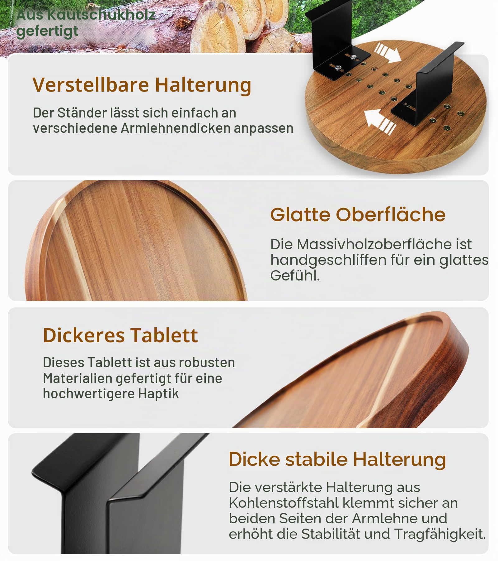 Sofa-Armlehnentablett aus Akazienholz, verstellbar, rund, Armlehnentablett, Holzstuhl-Armlehnentablett für breite, dünne Sofas, Armlehnen, Sesseltisch zum Essen