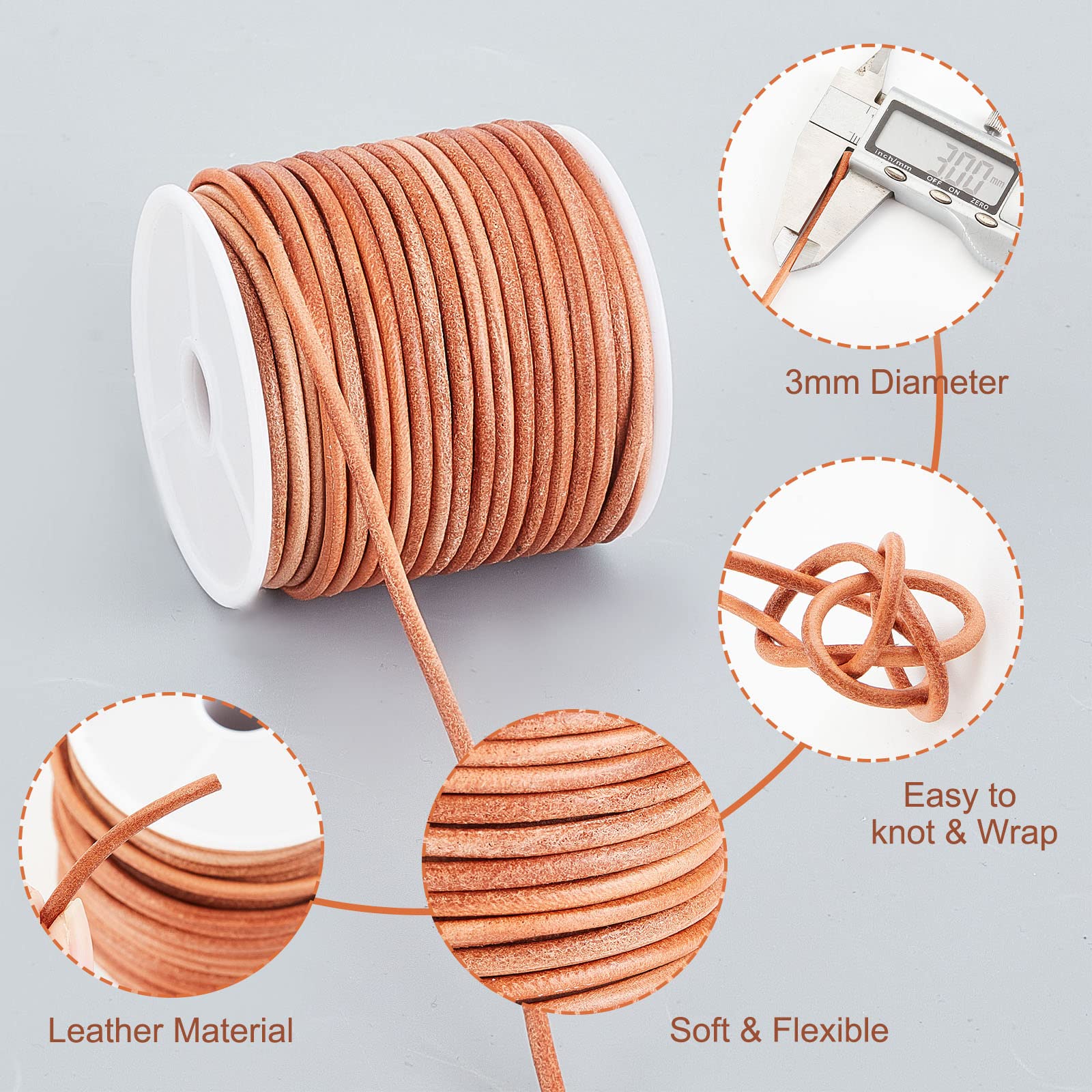OLYCRAFT Cuerda de cuero redondo auténtico de 20 m, cuerda de 3 mm para joyas, cordón de cuero de color BurlyWood para hacer joyas, collares, envolturas, manualidades y proyectos de pasatiempos