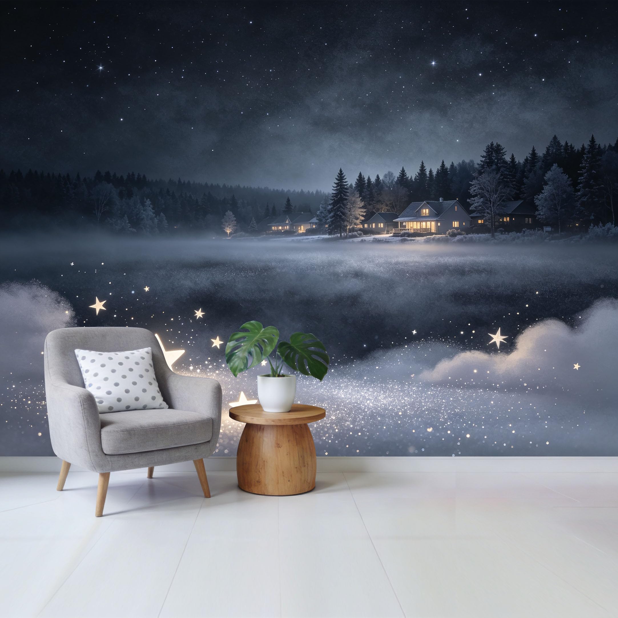 Qzlithotic Yq2605250680 Custom Size Wall Mural Snowy Night Forest Lake Cabin Glowing Stars Landscape Selfadhesive Wall Fabric Removable Wallpaper For Home Office Decor