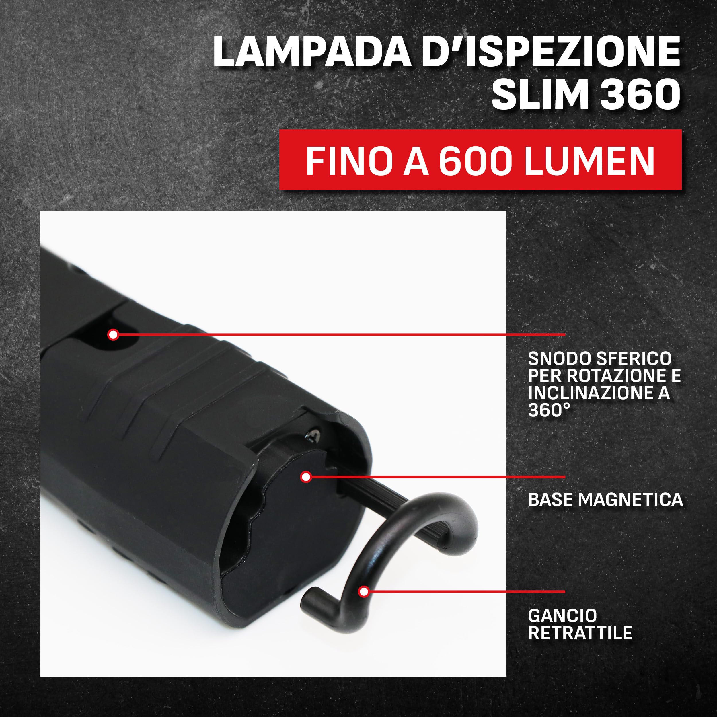 Schumacher SL184 Lampada LED da Lavoro 600 Lumen Nera | Illuminazione Direzionale Ultra Brillante, Rotante e Inclinabile a 360°, Dimmer, Batteria Ricaricabile Lithium-Ion 2600mAh