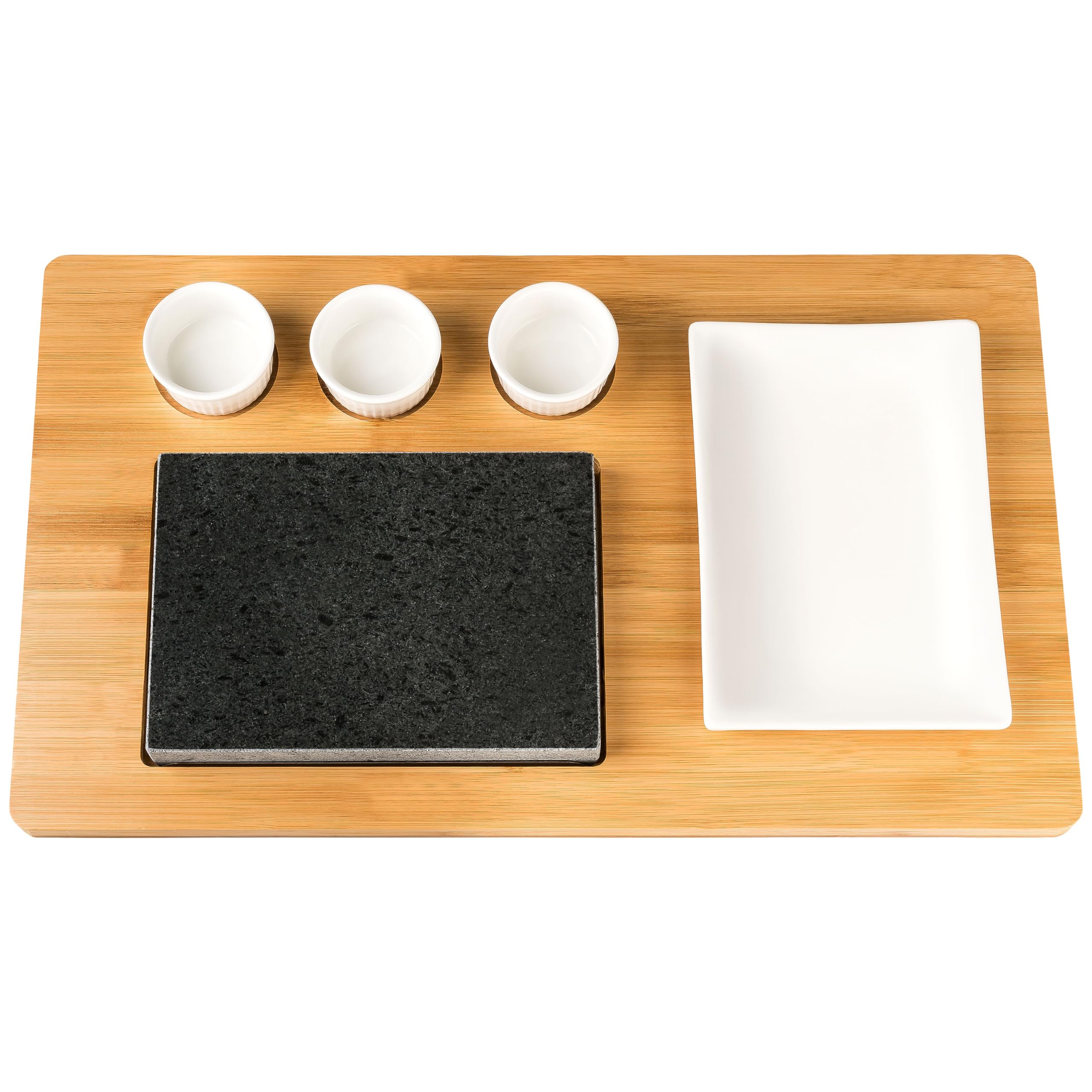 Heißer Stein-Grill Hot Stone Steak Granitstein SET (50x30x3 cm) | Heiße Steinplatte Grill Bambus Holzbrett Teller Schälchen weiß