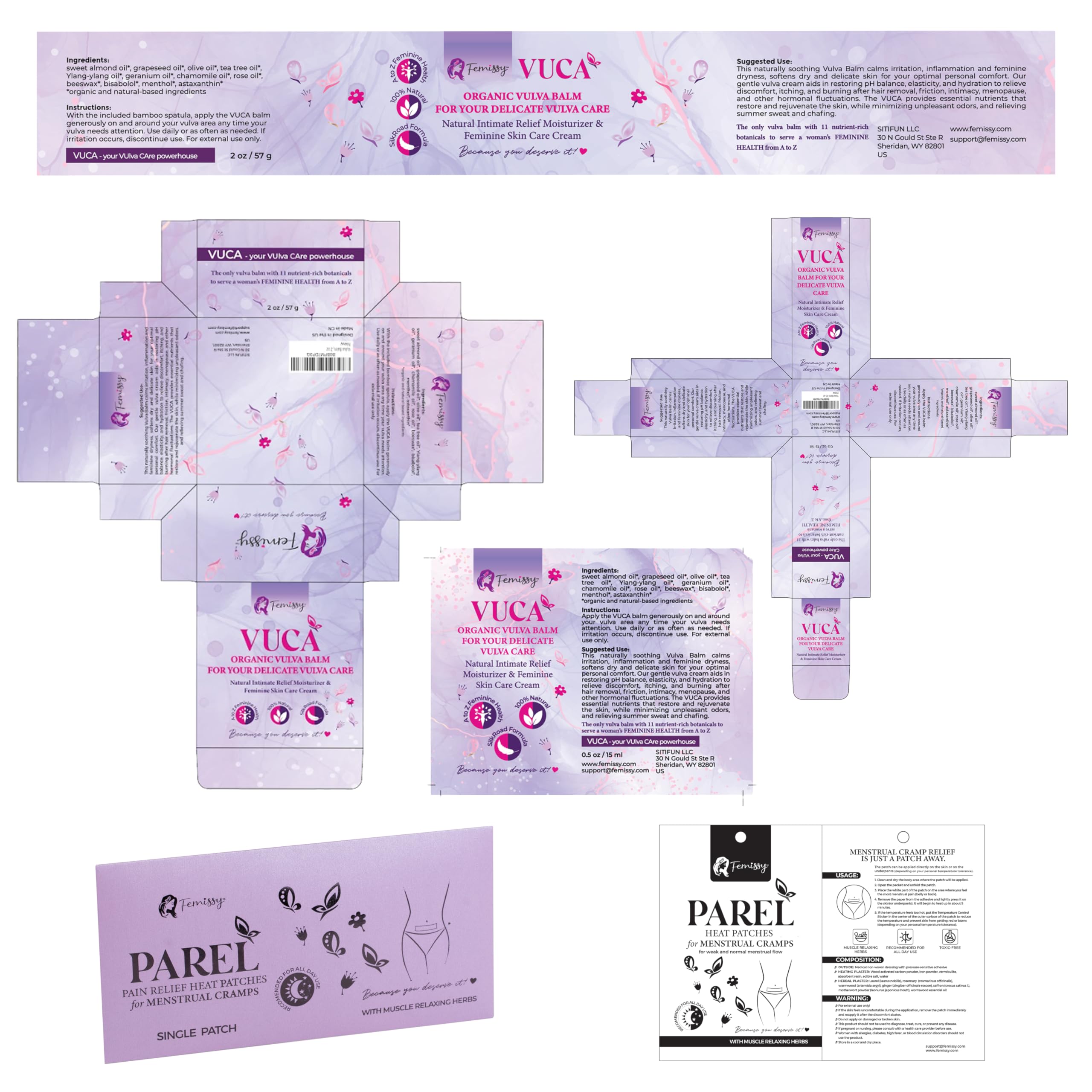 Vulva Balm (2 pcs Bundle: 2 + 0.5 oz); Vulva Cream; Intimate Vulva Moisturizer for Women + Heat Patches for Menstrual Cramps based on Flow Strength, 1 Single Patch for Weak & Normal Flow Herbs & Oils