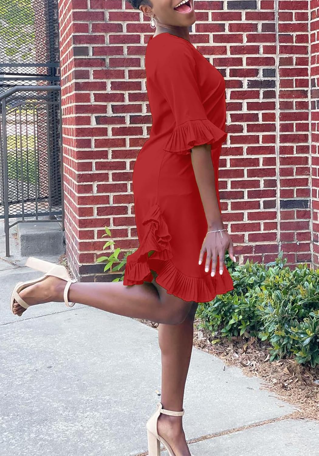 LKOUS Women Short Sleeve Round Neck Ruffles Hem Loose Midi Dresses Casual Short Dress - Image 3