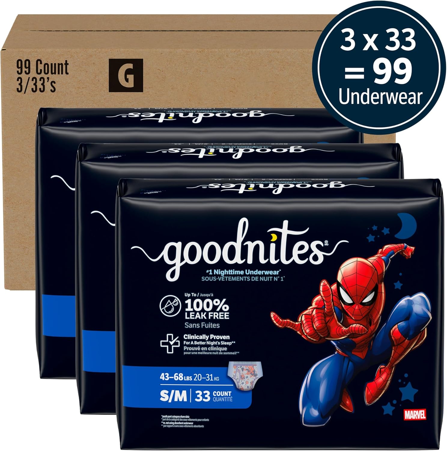 Goodnites Boys' Bedwetting Underwear, Size S/M (43-68 lbs), 99 Ct (3 Packs of 33), Packaging May Vary Small/Medium 99