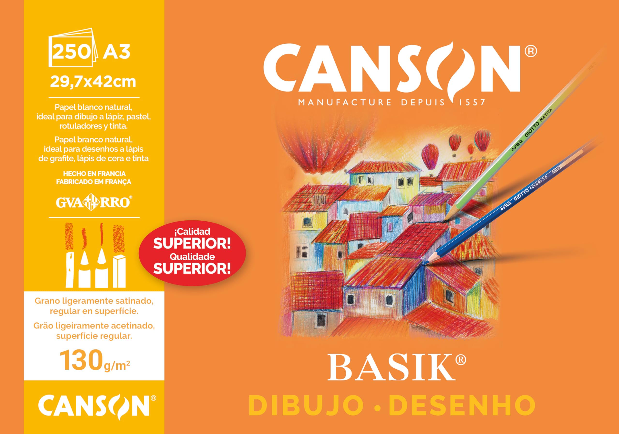 Canson Dibujo Basik, Papel de dibujo blanco, Grano fino, 130g, Hoja, A3-​29,​7x42cm, Blanco natural, 250 Hojas