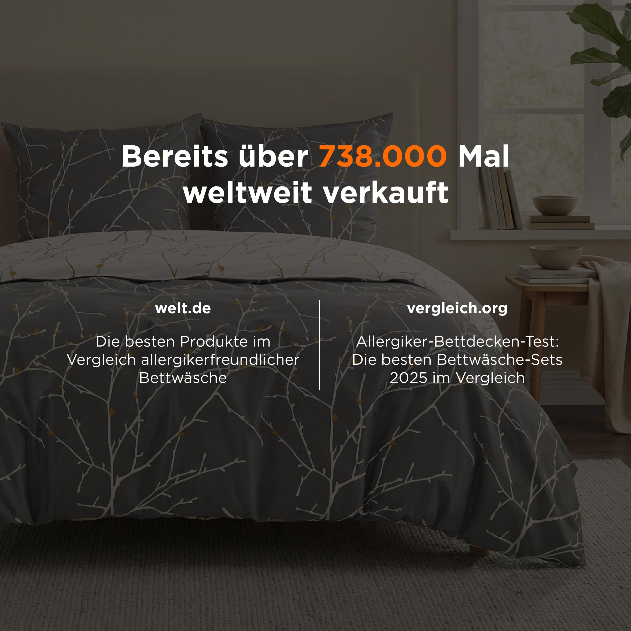 BEDSURE Bettwäsche 135x200 Baumwolle 4teilig - Bettwäsche-Sets Grau Bettbezug 2er Set mit 2 Kissenbezüge 80x80 cm, ÖKO-TEX Wendebettwäsche Bedding Zweige Muster mit Reißverschluss